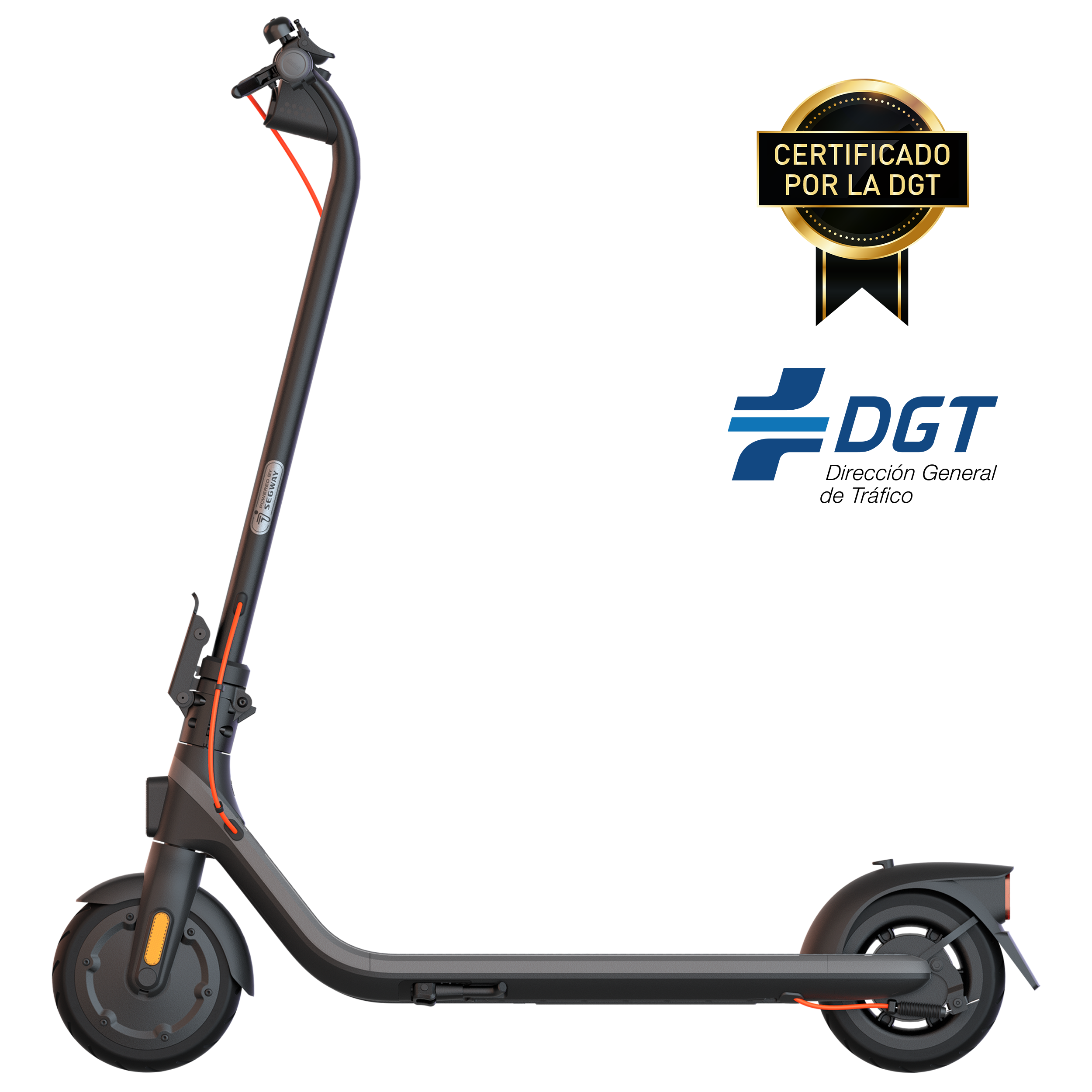 Patinete eléctrico negro con detalles naranjas y un logo de certificación DGT.