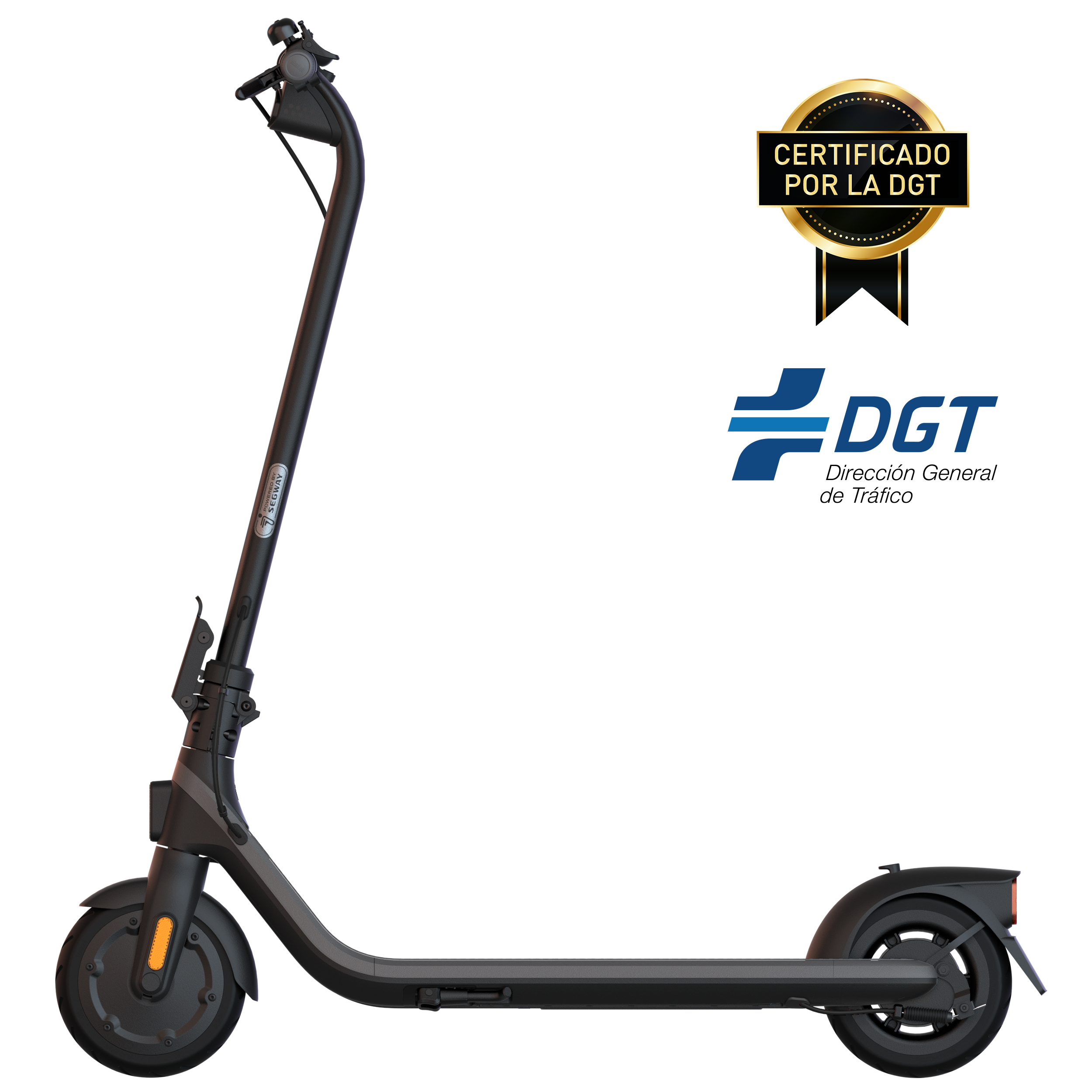 Scooter eléctrico negro, con un logotipo de certificado DGT, sobre fondo negro.