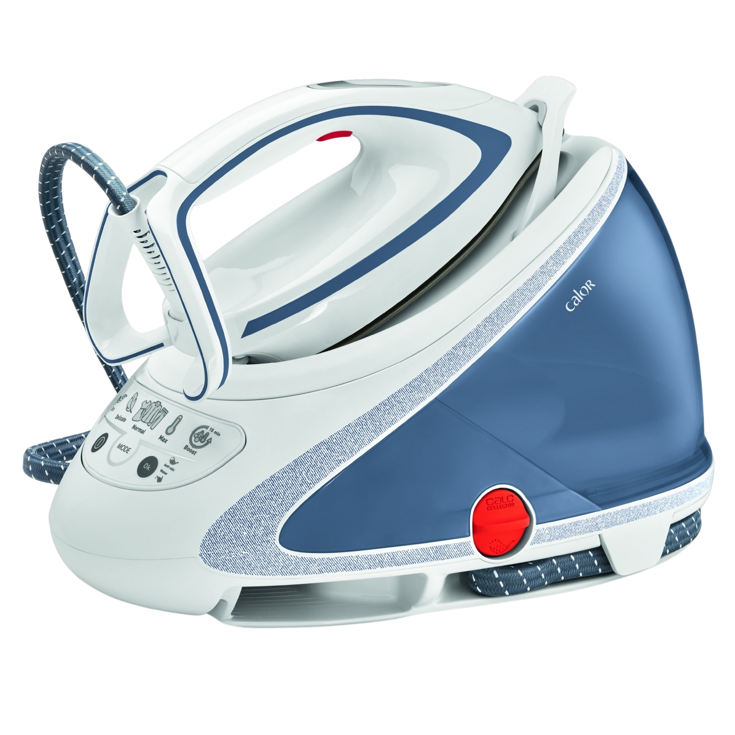 Fer à repasser à vapeur blanc et bleu. Un fer à repasser à vapeur avec réservoir d'eau et design bleu et blanc.