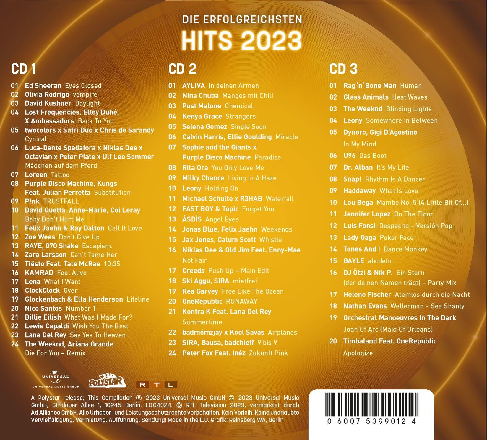 CD-Cover mit einer Liste von Songs und Künstlern. Auf dem Cover steht 'Die Erfolgreichsten Hits 2023'.