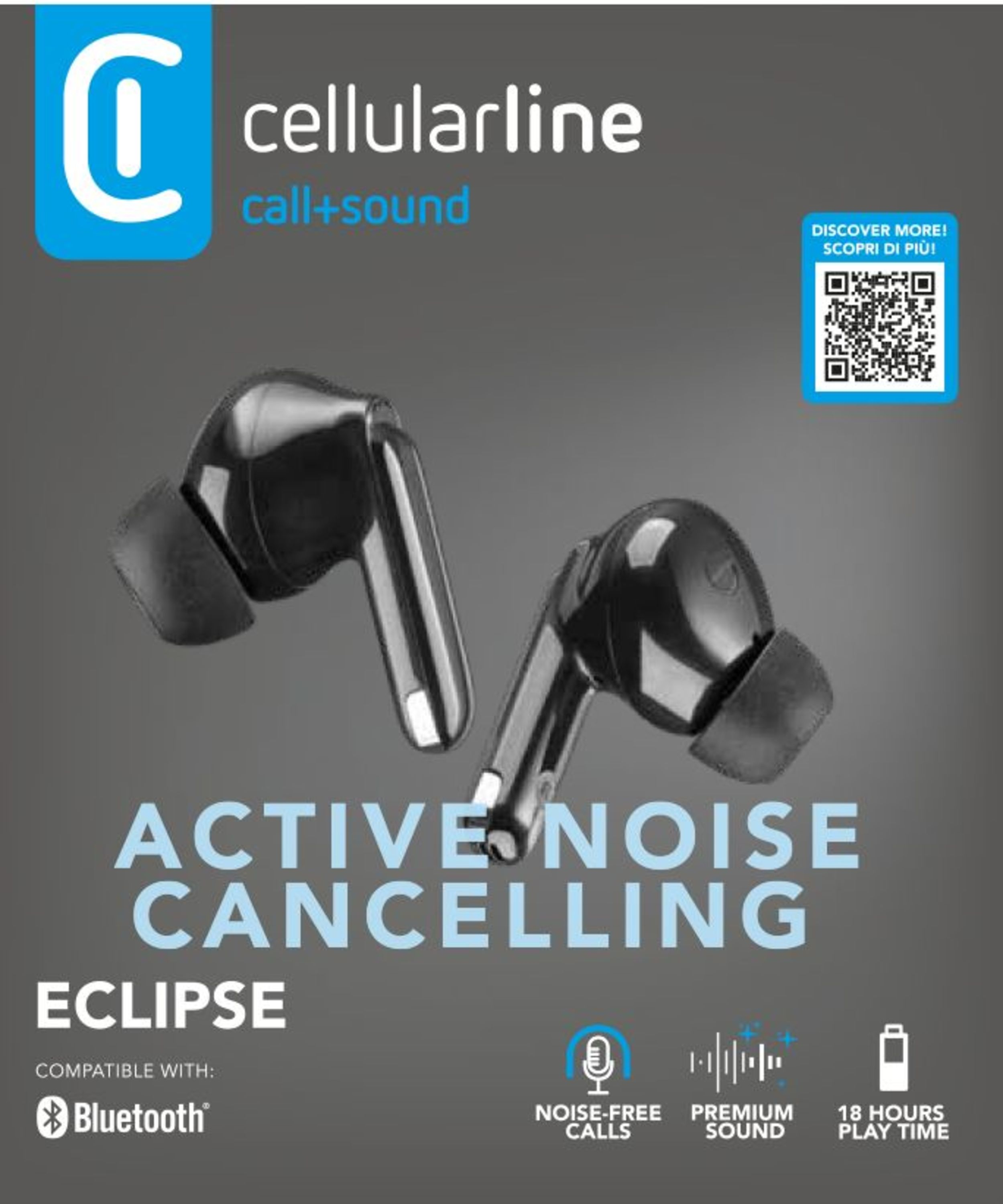 Auriculares Cellularline negros con las palabras 'Active Noise Cancelling' en la portada.