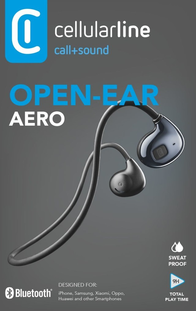 Auriculares de oído abierto con una banda para el cuello y auriculares. El fondo es gris oscuro.