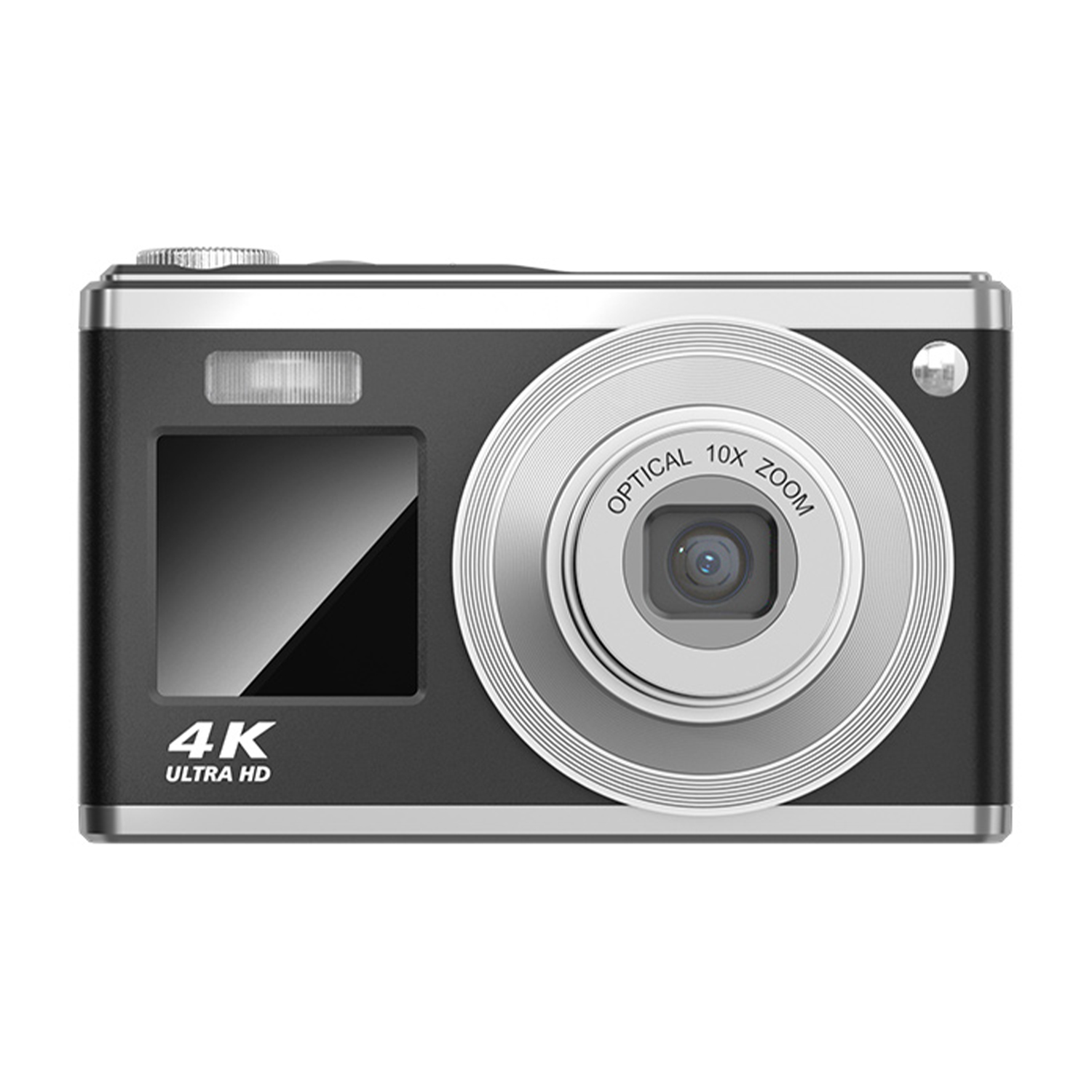 Una fotocamera digitale nera e argento con un obiettivo e un'etichetta 4K Ultra HD.
