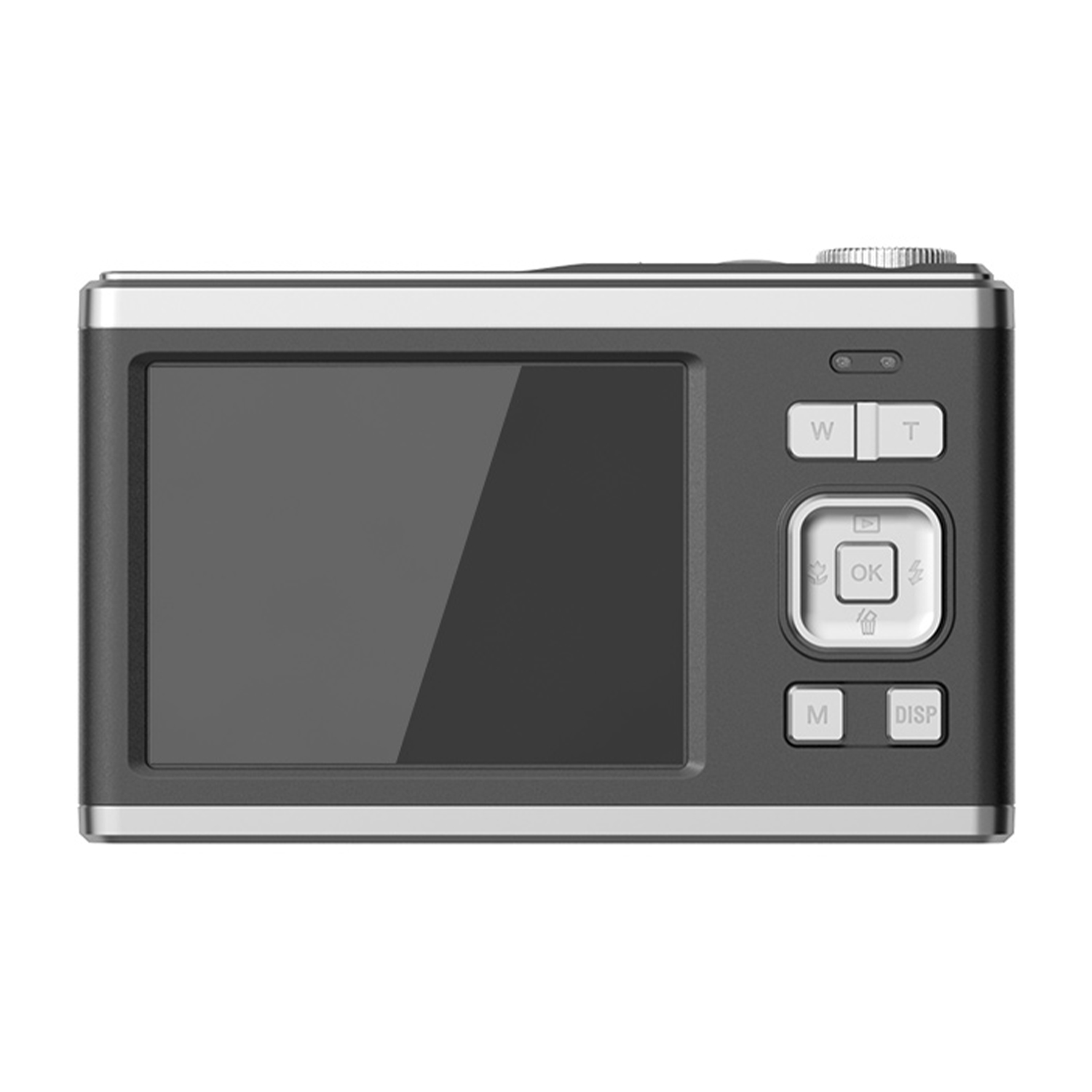 Una fotocamera digitale grigio scuro con pulsanti e uno schermo.