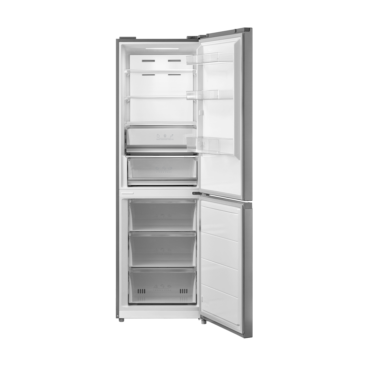Frigorifero aperto con ripiani, cassetti e contenuto. Esterno grigio, interno bianco. Pieno di cibo.