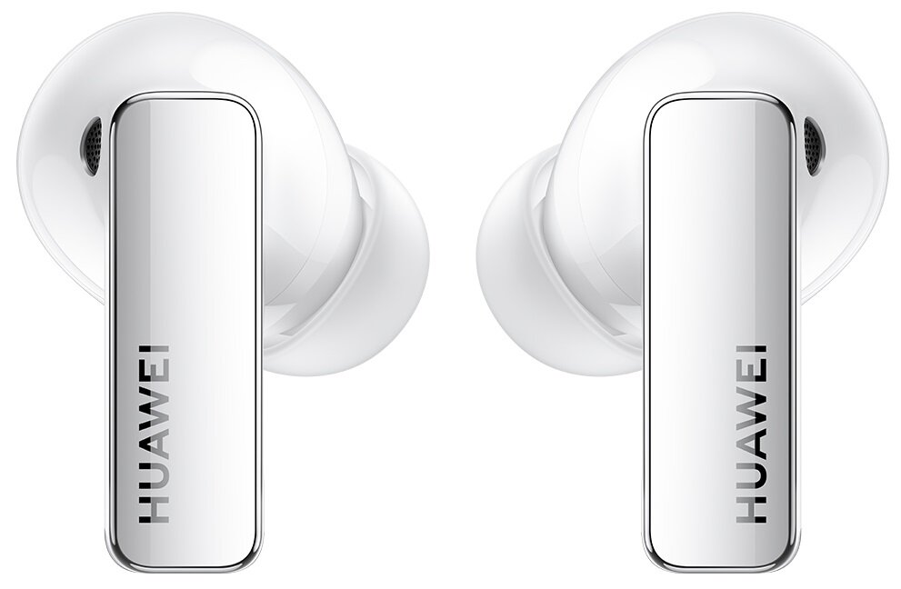 Białe słuchawki z napisem HUAWEI z boku.