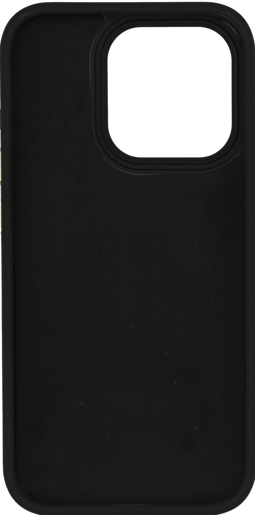 Une coque de téléphone noire avec une découpe pour l'appareil photo et un cadre noir.