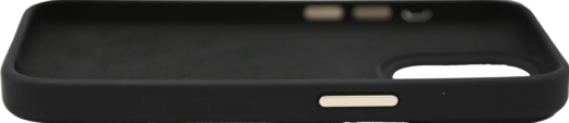 Gros plan sur une coque de téléphone noire. La coque a des trous pour les boutons et une surface lisse.