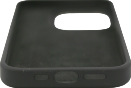 Coque de téléphone noire avec découpes pour l'appareil photo et les boutons, montrant l'intérieur.