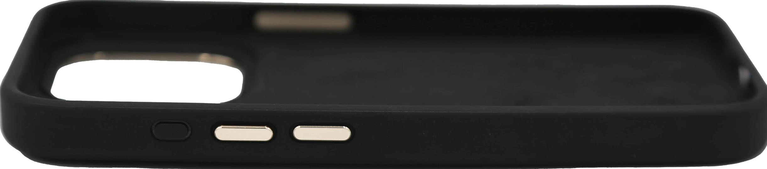 Coque de téléphone noire avec boutons. L'étui a une finition lisse et mate. Fond blanc.