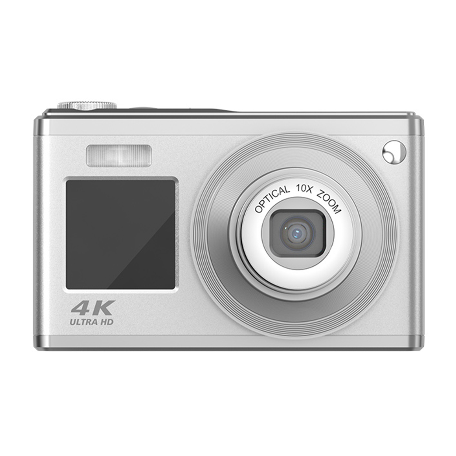 Una fotocamera digitale argentata con un obiettivo al centro. Le parole "OPTICAL 10X ZOOM" sono visibili.
