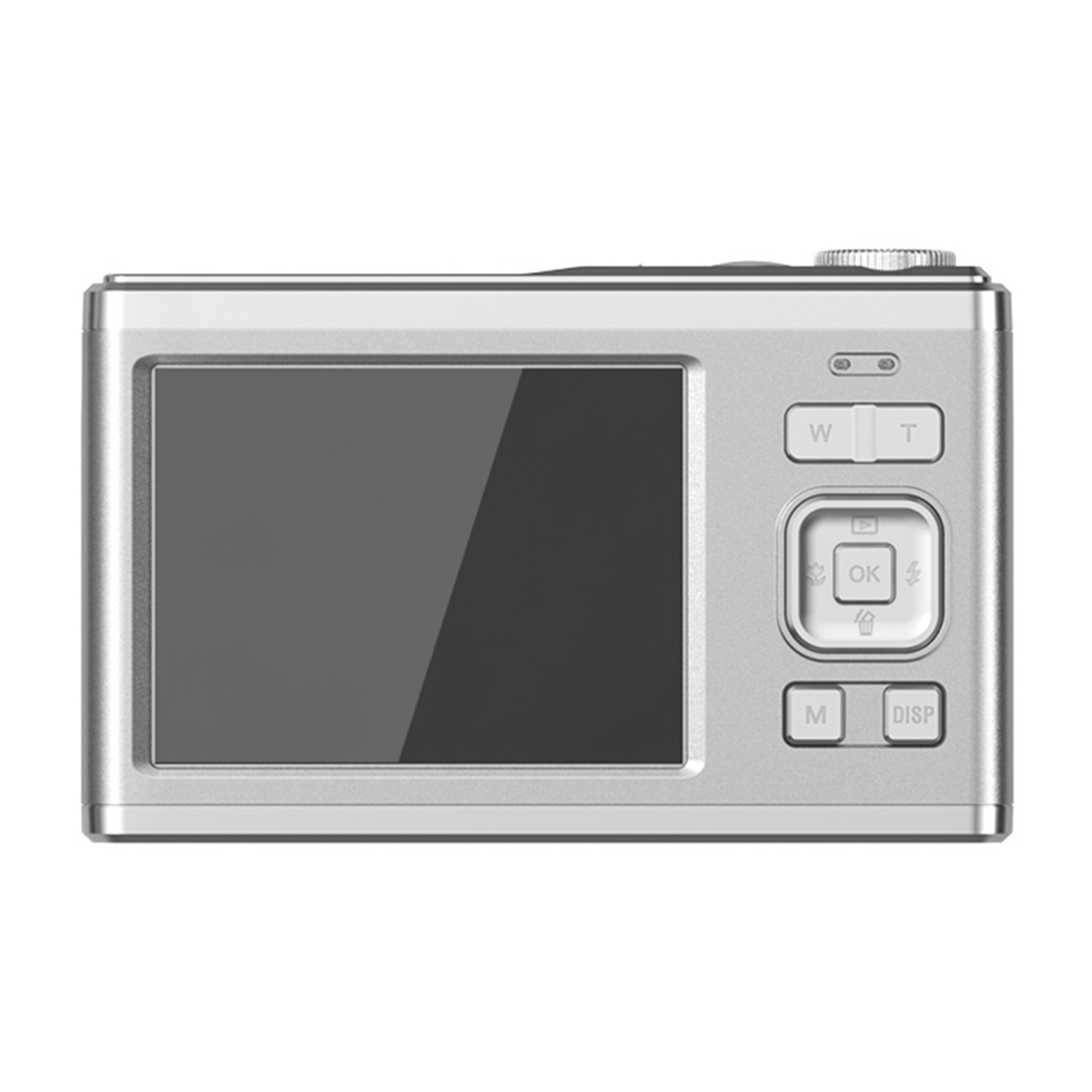 Una fotocamera digitale argentata con schermo e pulsanti, vista dall'alto.