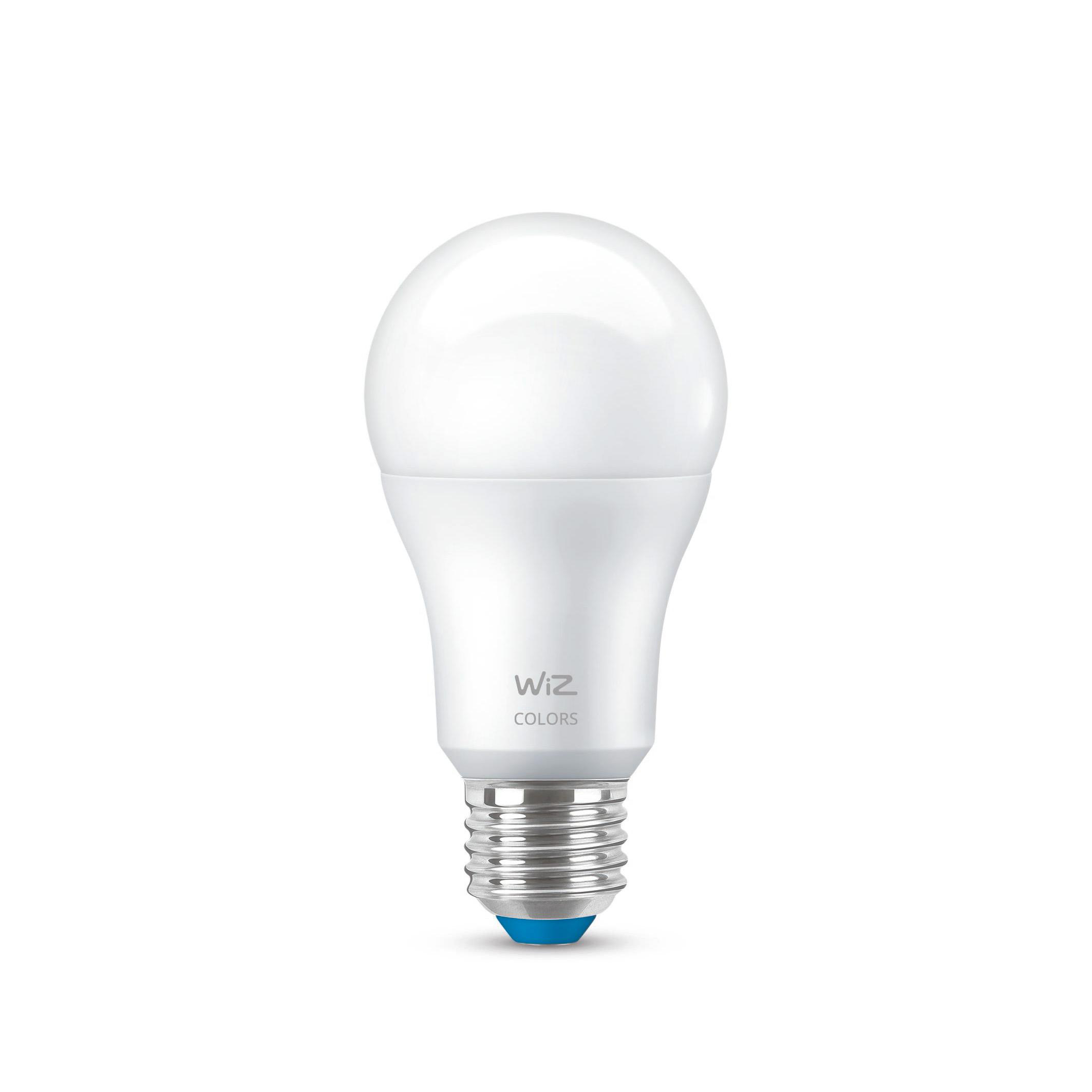 Eine weiße Wiz Colors LED-Glühbirne mit blauem Sockel, isoliert auf weißem Hintergrund.