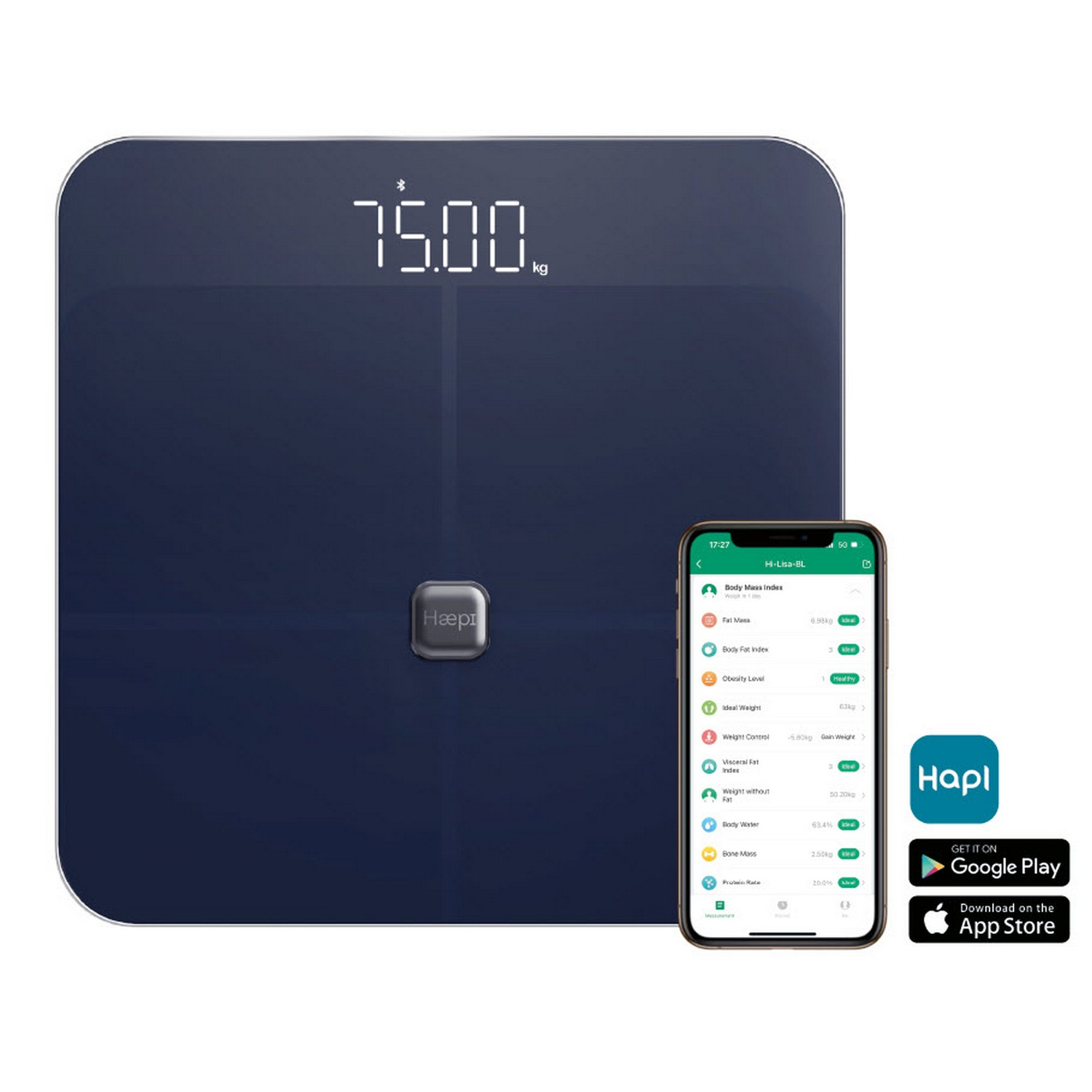 Donkerblauwe slimme weegschaal met een display dat 75,00 kg weergeeft en een smartphone.