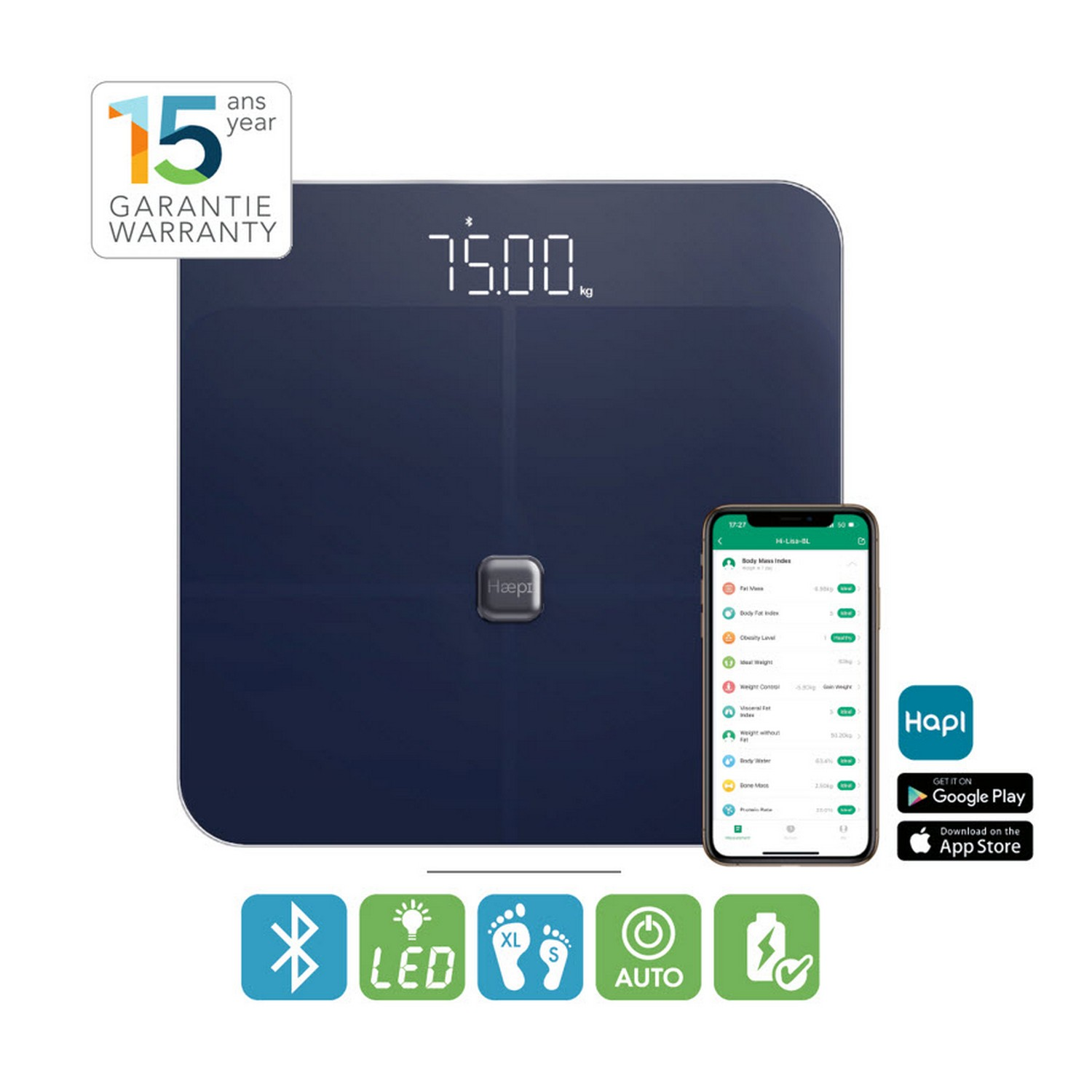 Een blauwe slimme weegschaal met 75,00 kg. Een telefoon toont lichaamsgegevens. Iconen eronder.