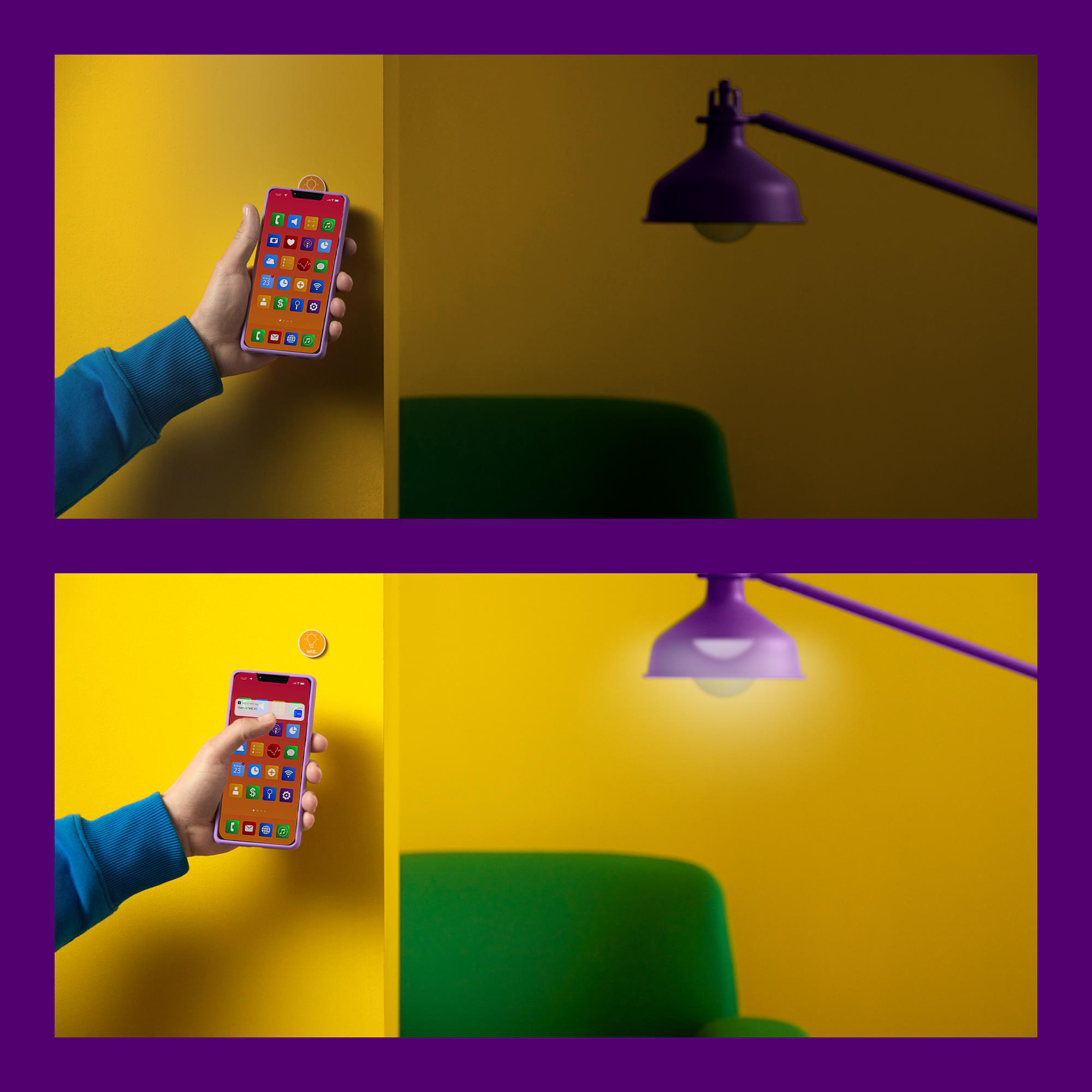 Hand, die ein Telefon hält, eine Lampe und ein Stuhl. Ein Bild hat Licht von der Lampe.