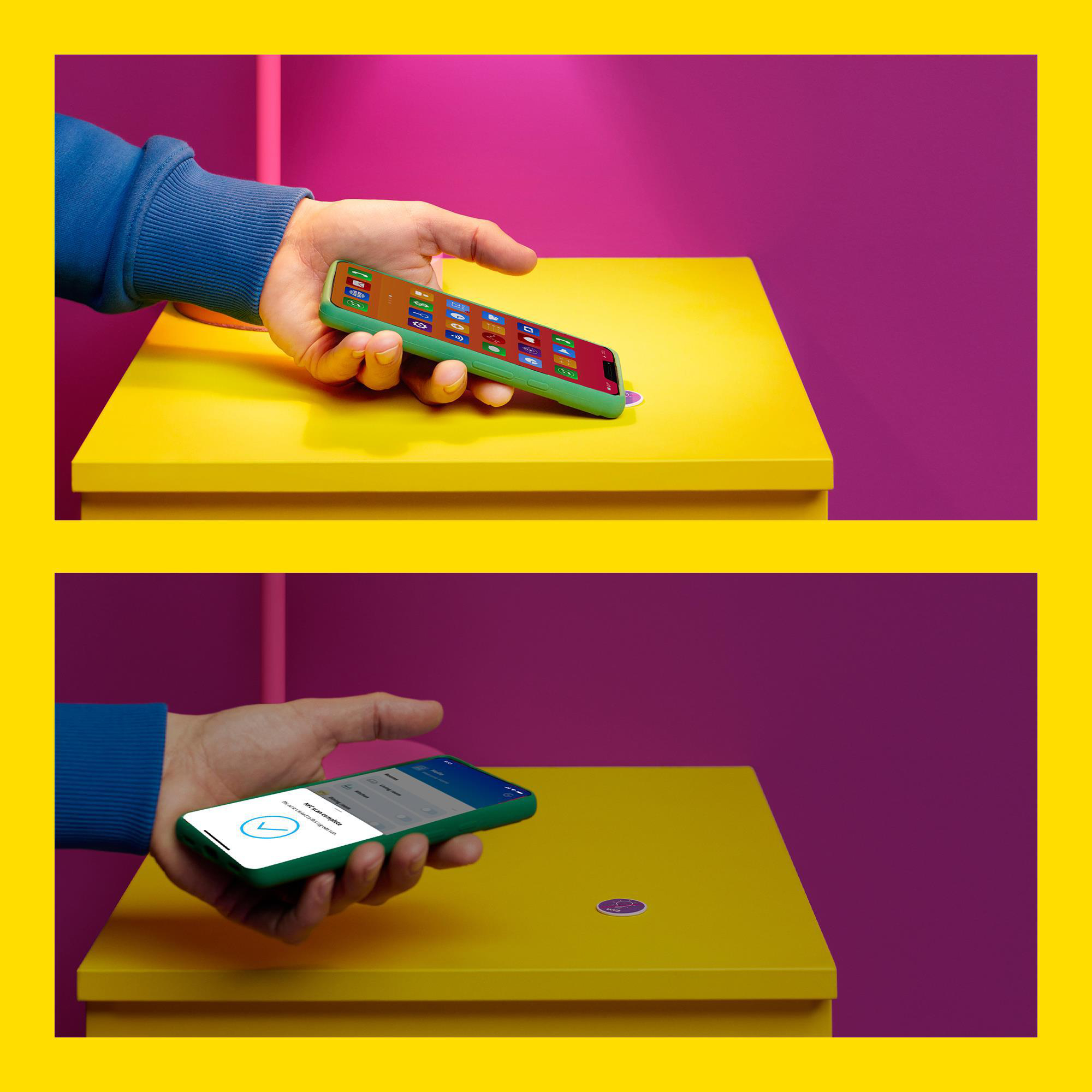 Zwei Bilder zeigen eine Person, die ein grün umhülltes Telefon hält. Der Bildschirm des Telefons ist sichtbar.