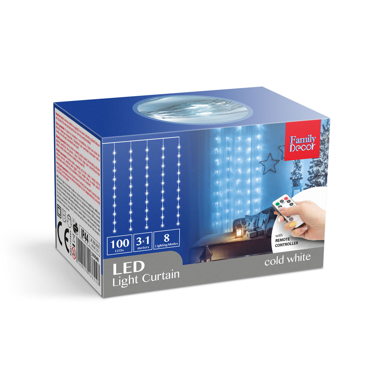 LED-es fényfüggöny doboza. A szöveg 100 LED-et, 8 világítási módot és hidegfehér színt jelez.