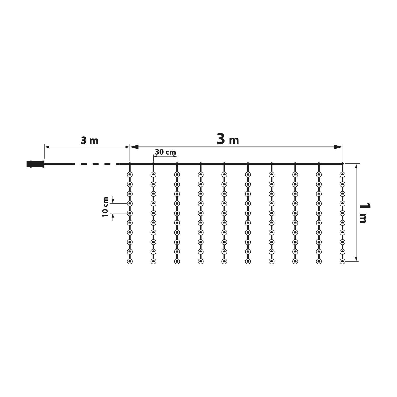 Fényfüggöny diagramja, méretekkel méterben.