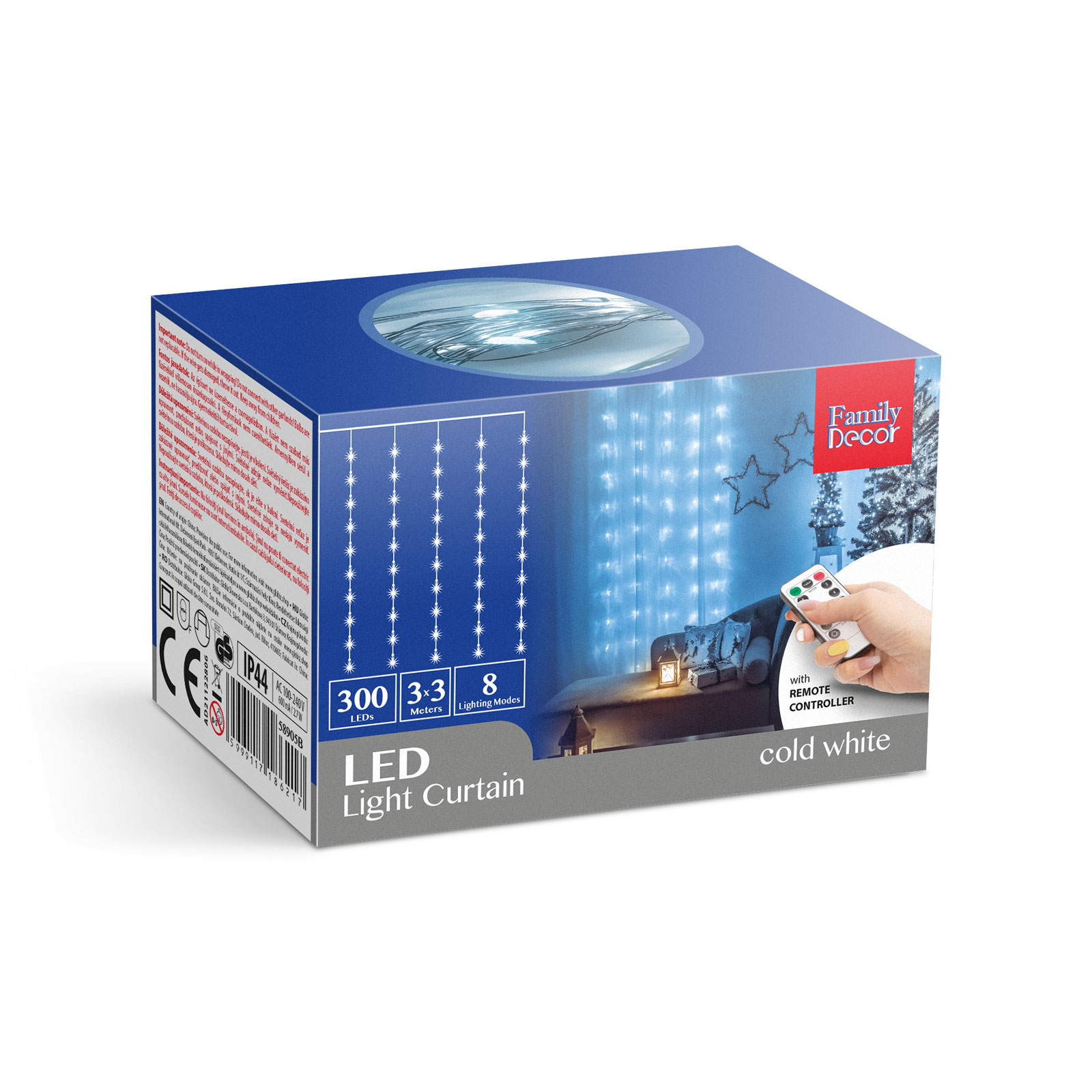 LED-es fényfüggöny doboza távirányítóval. Fehér lámpák.