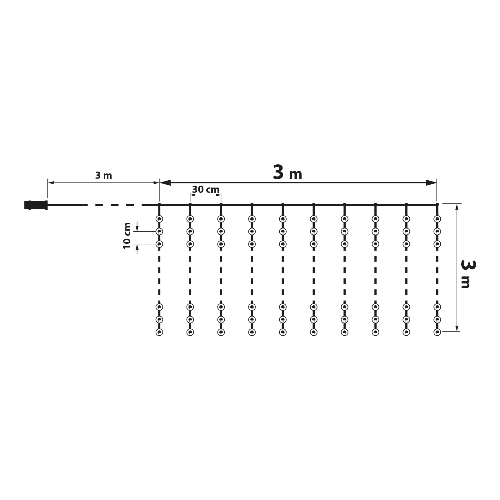 Egy fényfüzér diagramja mérésekkel. 3 m és 30 cm-es jelölések vannak rajta.