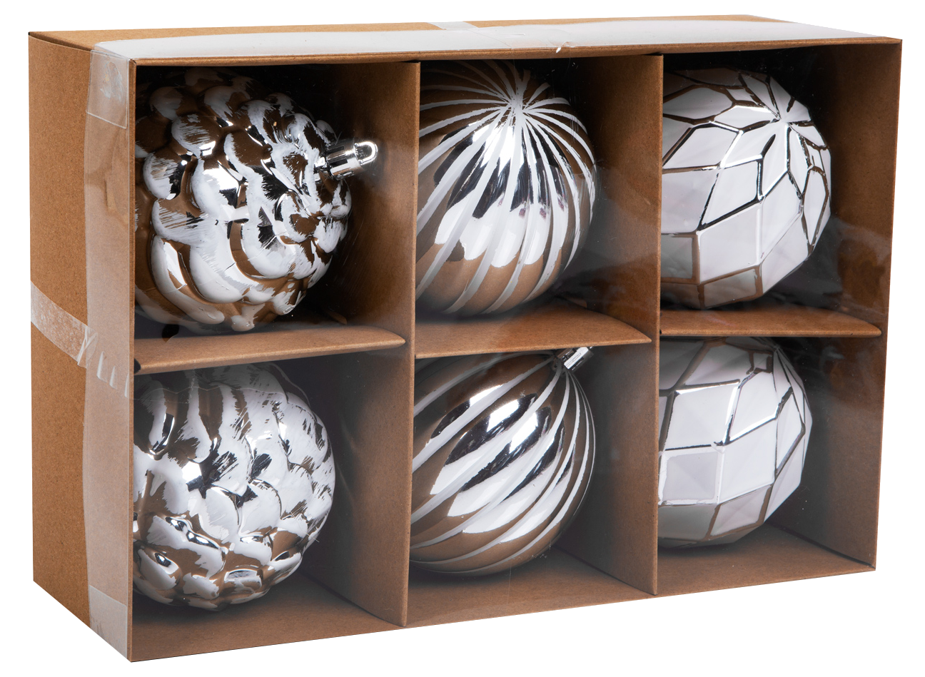 FAMILY CHRISTMAS Karácsonyfadísz szett, fehér / ezüst, 8 cm, 6 db szett (58776)