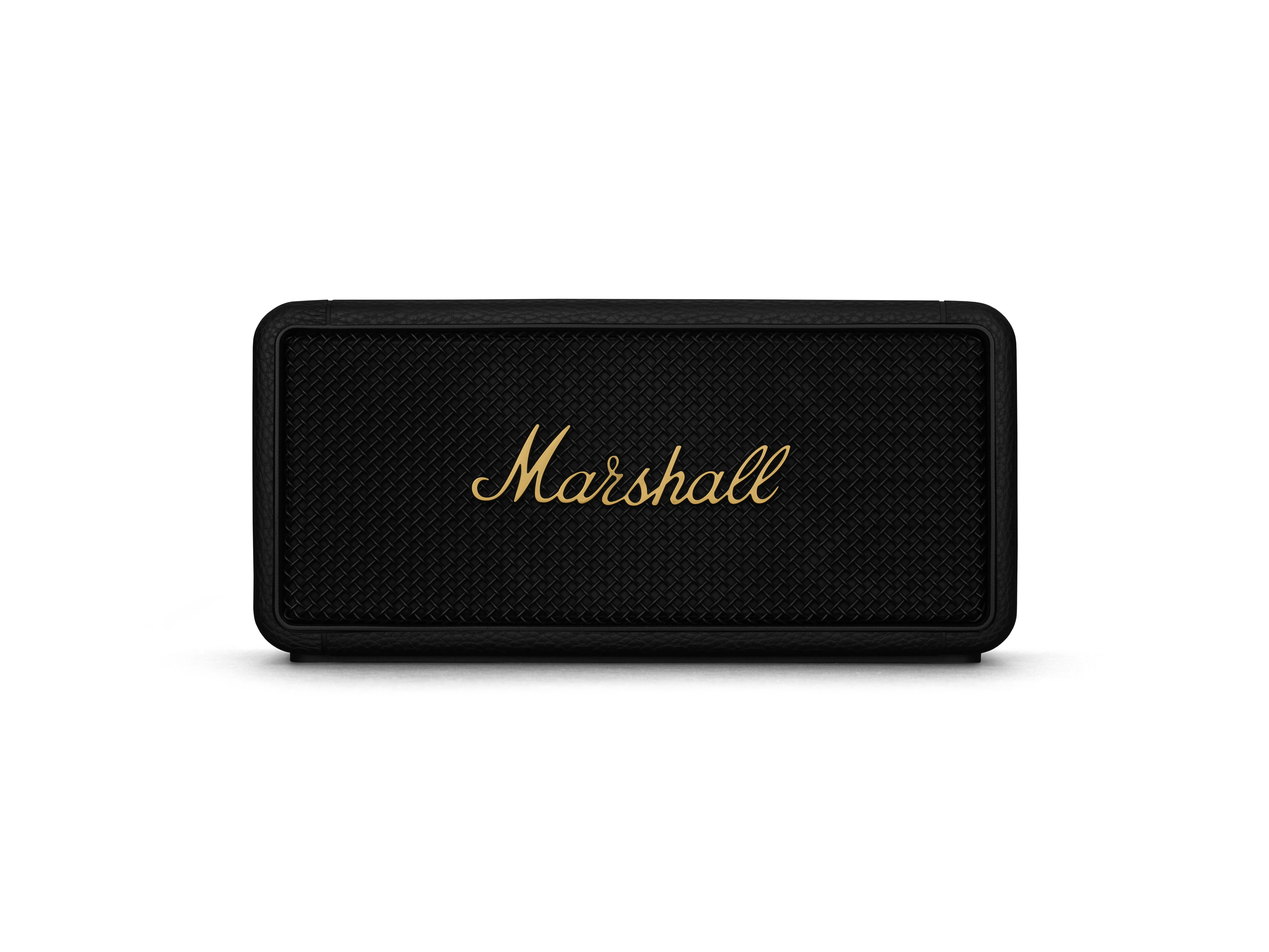 Siyah Marshall hoparlör, dikdörtgen şekil, ön tarafta altın renginde Marshall logosuyla.