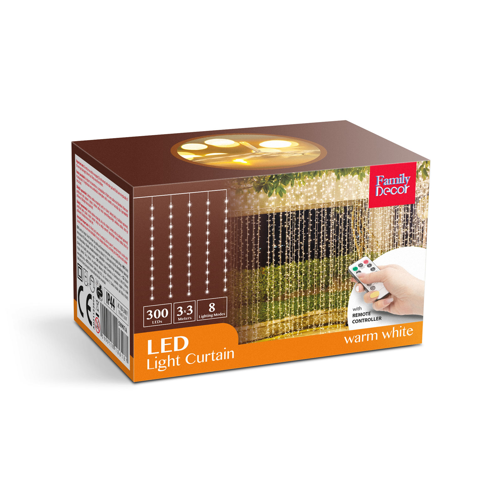 LED-es fényfüggönyök doboza. Egy távirányítót és meleg fehér fényt mutat.
