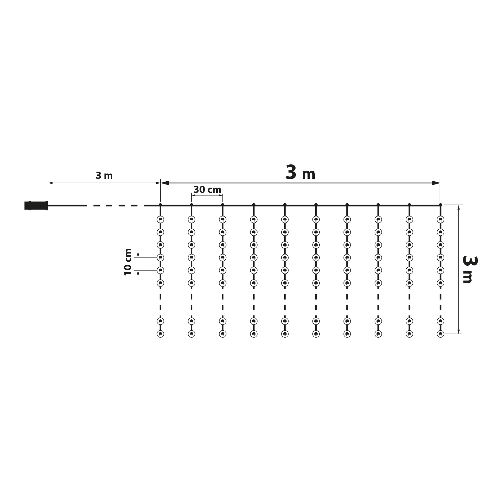 Egy diagram egy egyenes vonalat mutat lógó körökkel. Mérések vannak megadva, beleértve a hosszúságokat és a távolságokat.