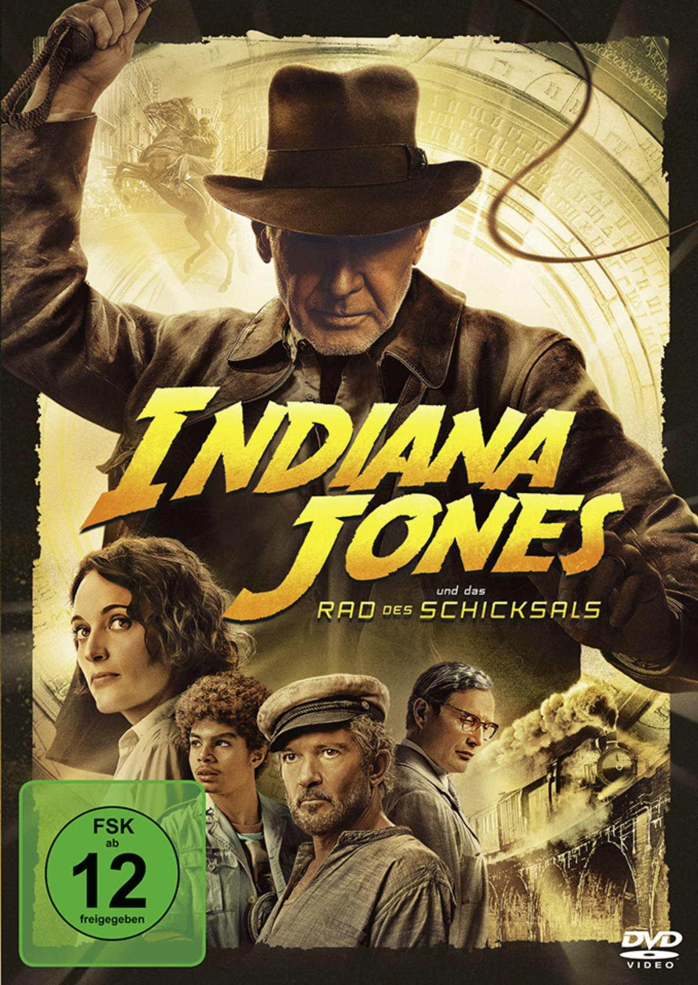 Filmcover: Indiana Jones, Harrison Ford, Peitsche und andere Schauspieler, Titel 'Indiana Jones'.