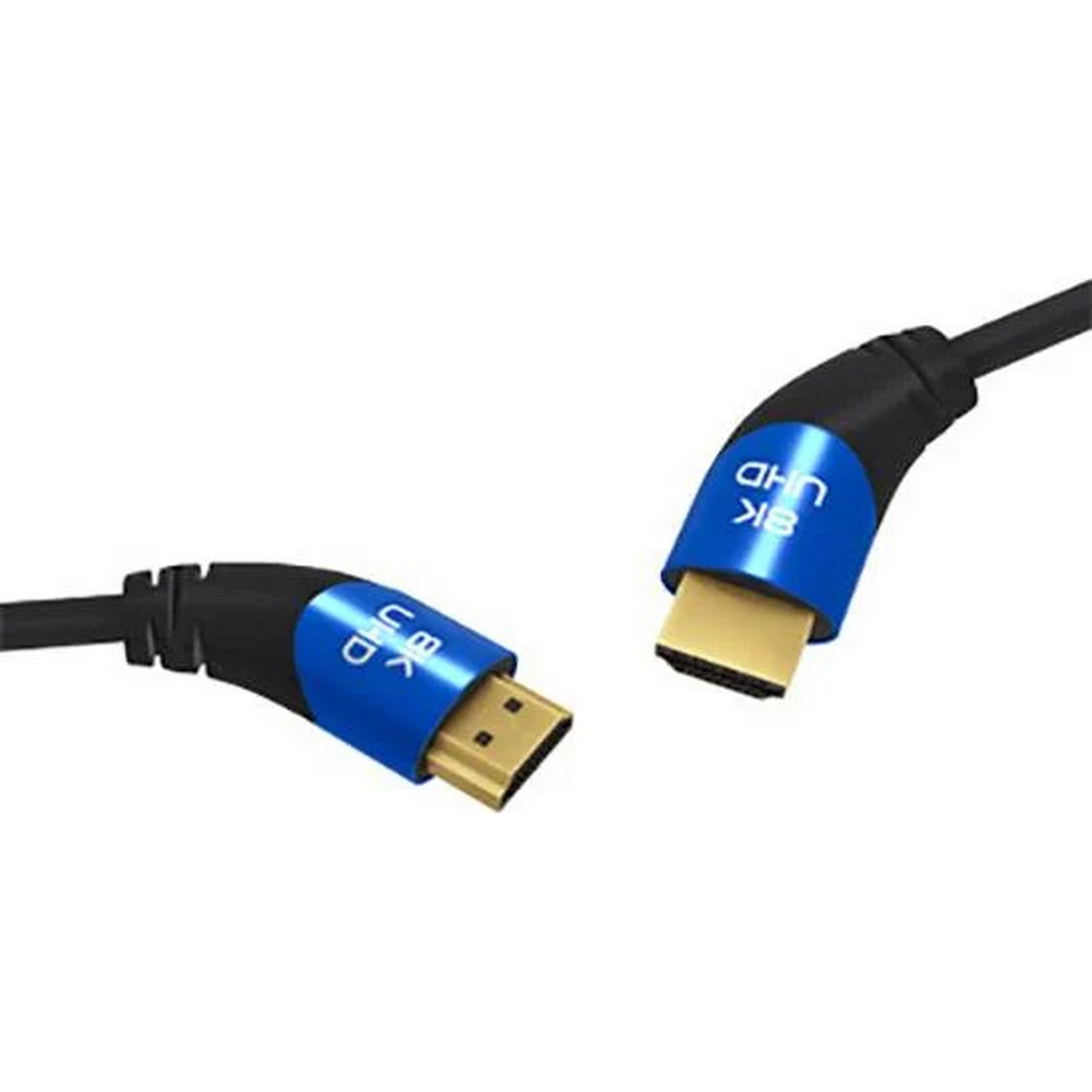 Deux câbles HDMI, connecteurs noirs et bleus. Étiquettes 8K UHD.