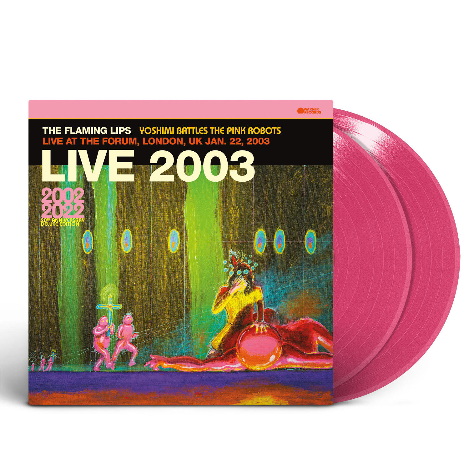 Rosa Vinyl Schallplattenhülle. Albumtitel: 'Yoshimi Battles the Pink Robots Live 2003'. Zwei rosa Platten sind sichtbar.