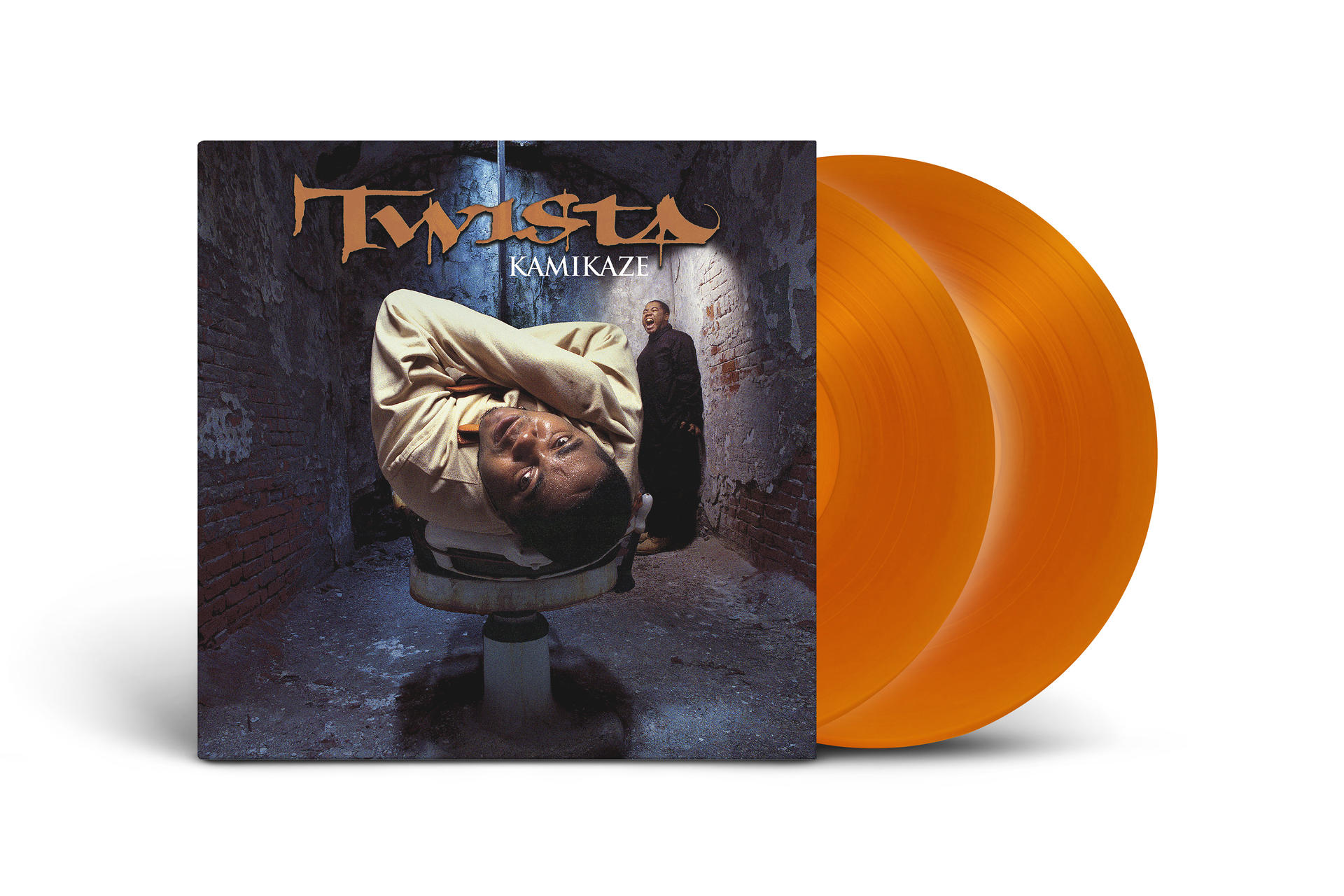 Ein Vinyl-Albumcover mit dem Titel 'Kamikaze' und dem Künstler Twista. Zwei orangefarbene Vinylplatten sind sichtbar.