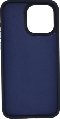 Un étui de téléphone bleu foncé avec une bordure noire, un trou pour la caméra et un intérieur blanc.