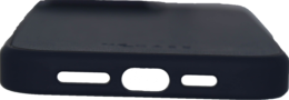 Une coque de téléphone noire, avec des découpes pour le chargement et les haut-parleurs.