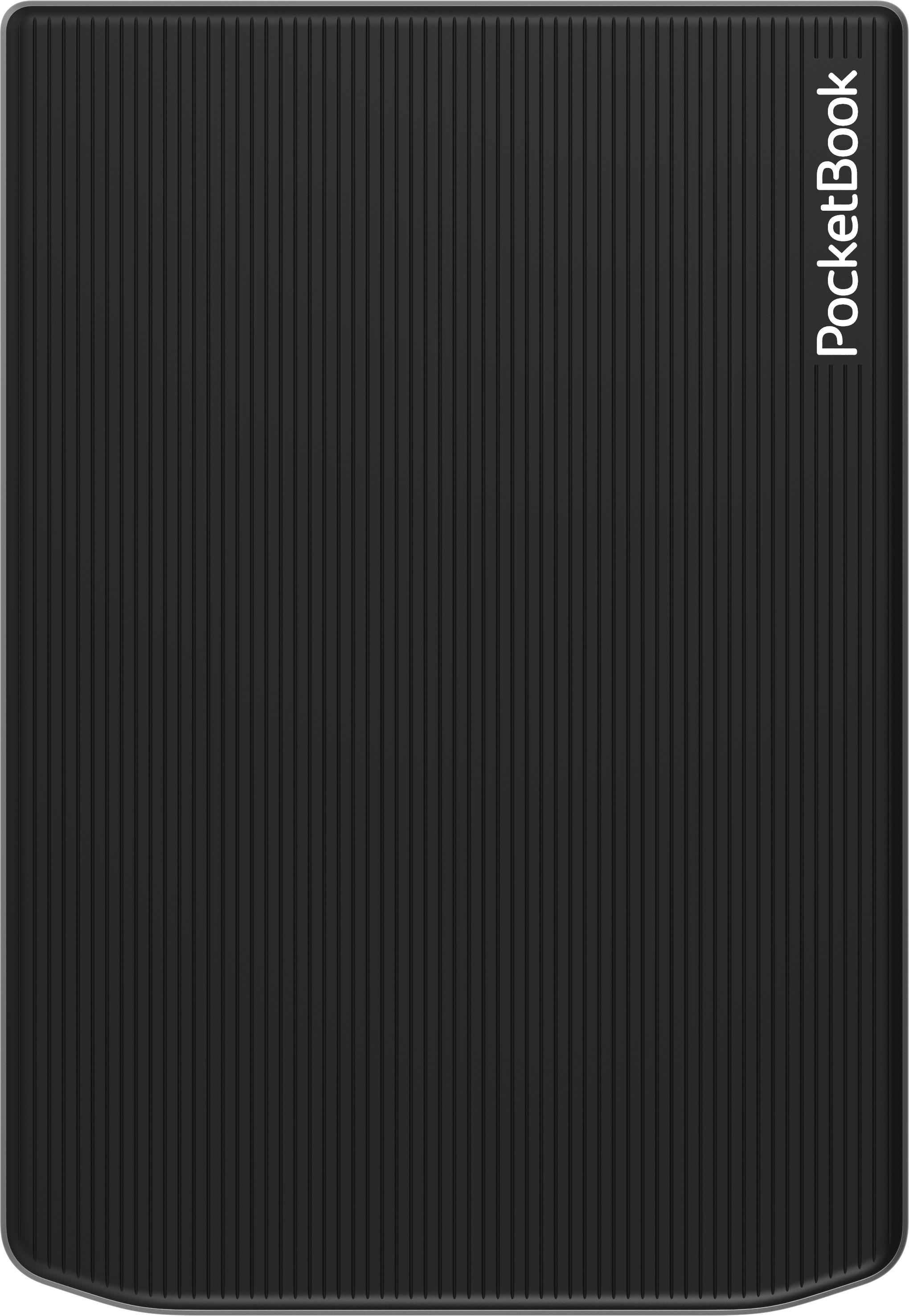 Schwarzer PocketBook E-Reader. Der Bildschirm ist schwarz. Der Markenname steht weiß rechts.