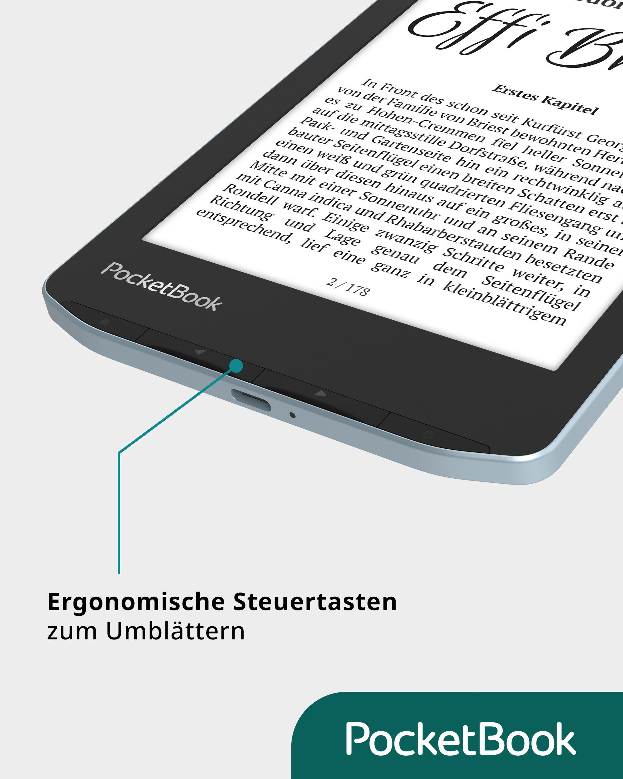 E-Reader zeigt Text auf dem Bildschirm. Der Text ist auf Deutsch. Ein Logo ist sichtbar.