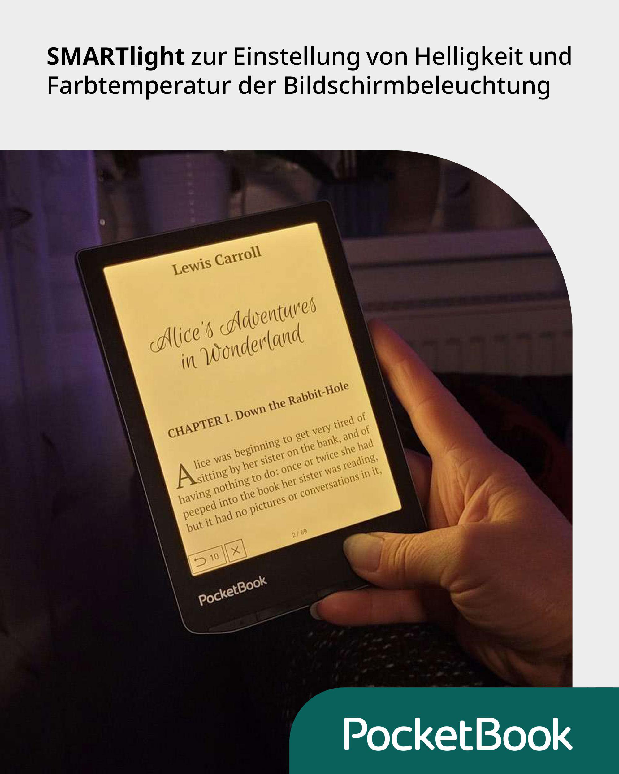 Eine Hand, die einen PocketBook E-Reader mit Text hält.