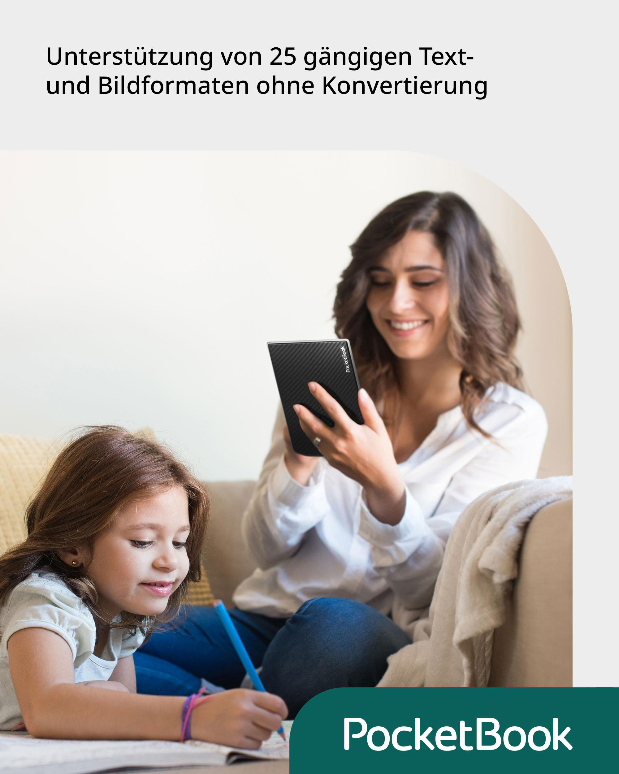 Frau und Kind betrachten Tablet. Text: 'PocketBook', unterstützt Text- und Bildformate.