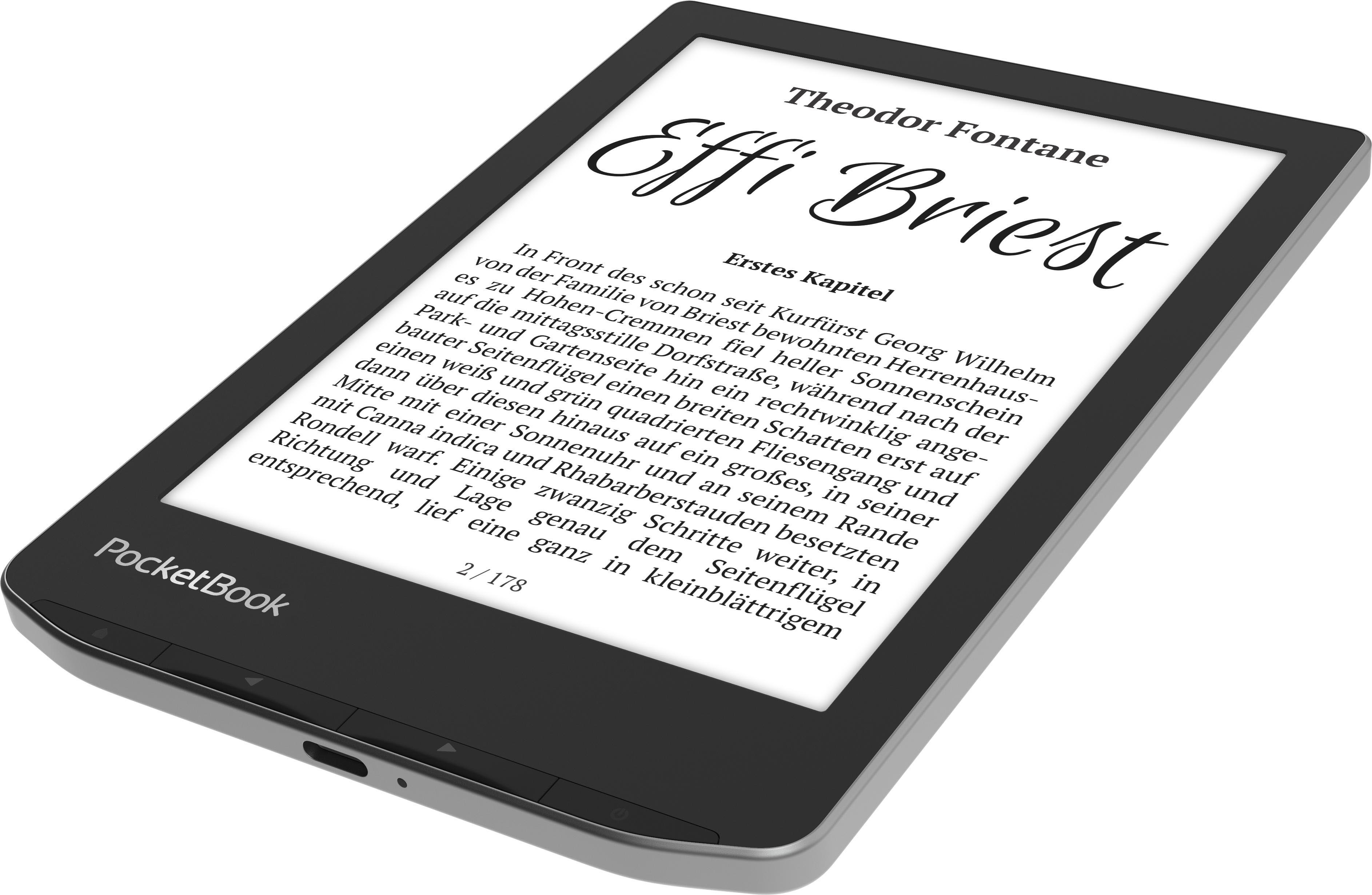 Schwarzer E-Reader mit Text. Der E-Reader befindet sich auf einer weißen Oberfläche. Der Text ist Deutsch.