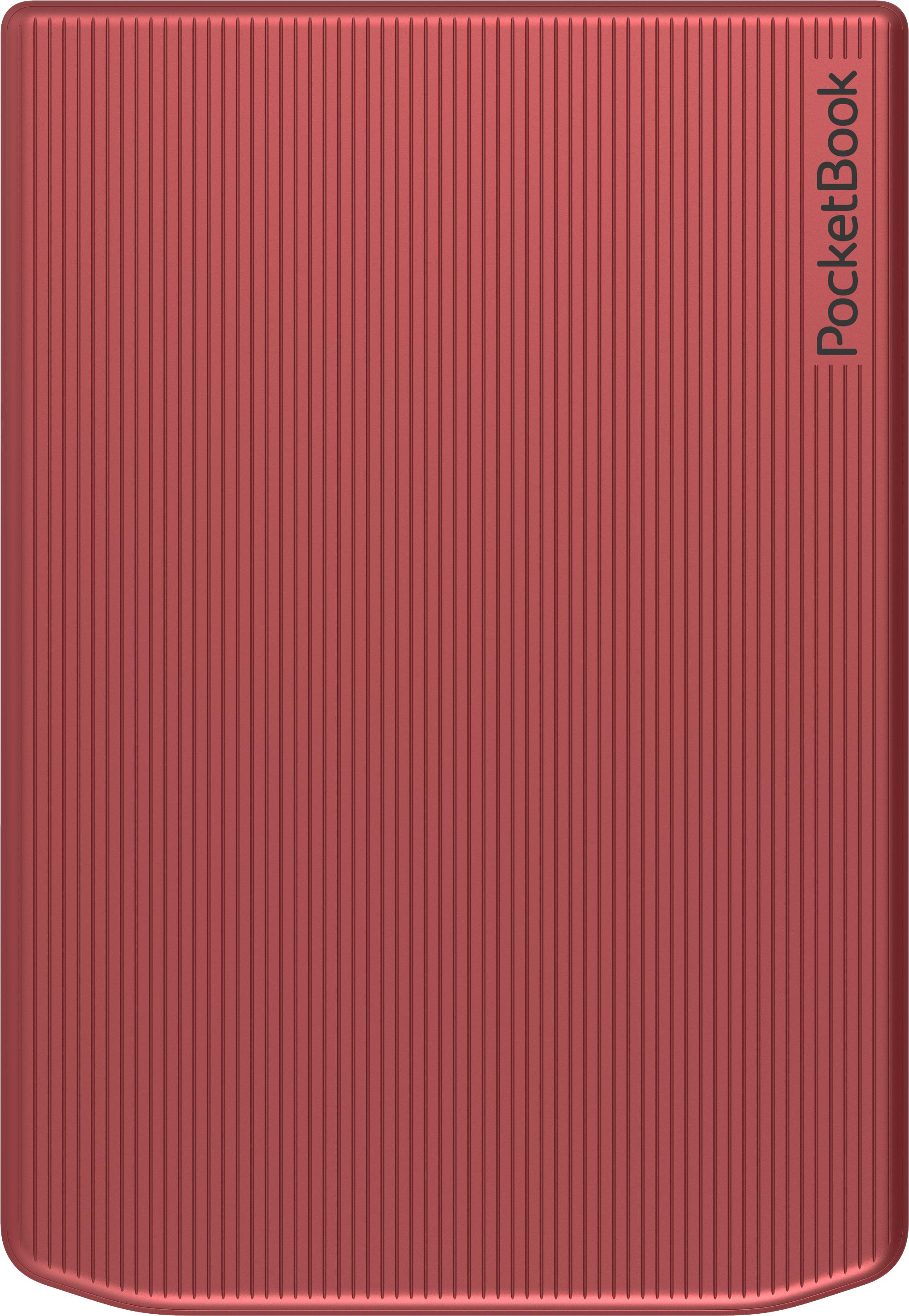 Ein roter PocketBook E-Reader mit strukturierter Oberfläche und Markennamen auf weißem Hintergrund.