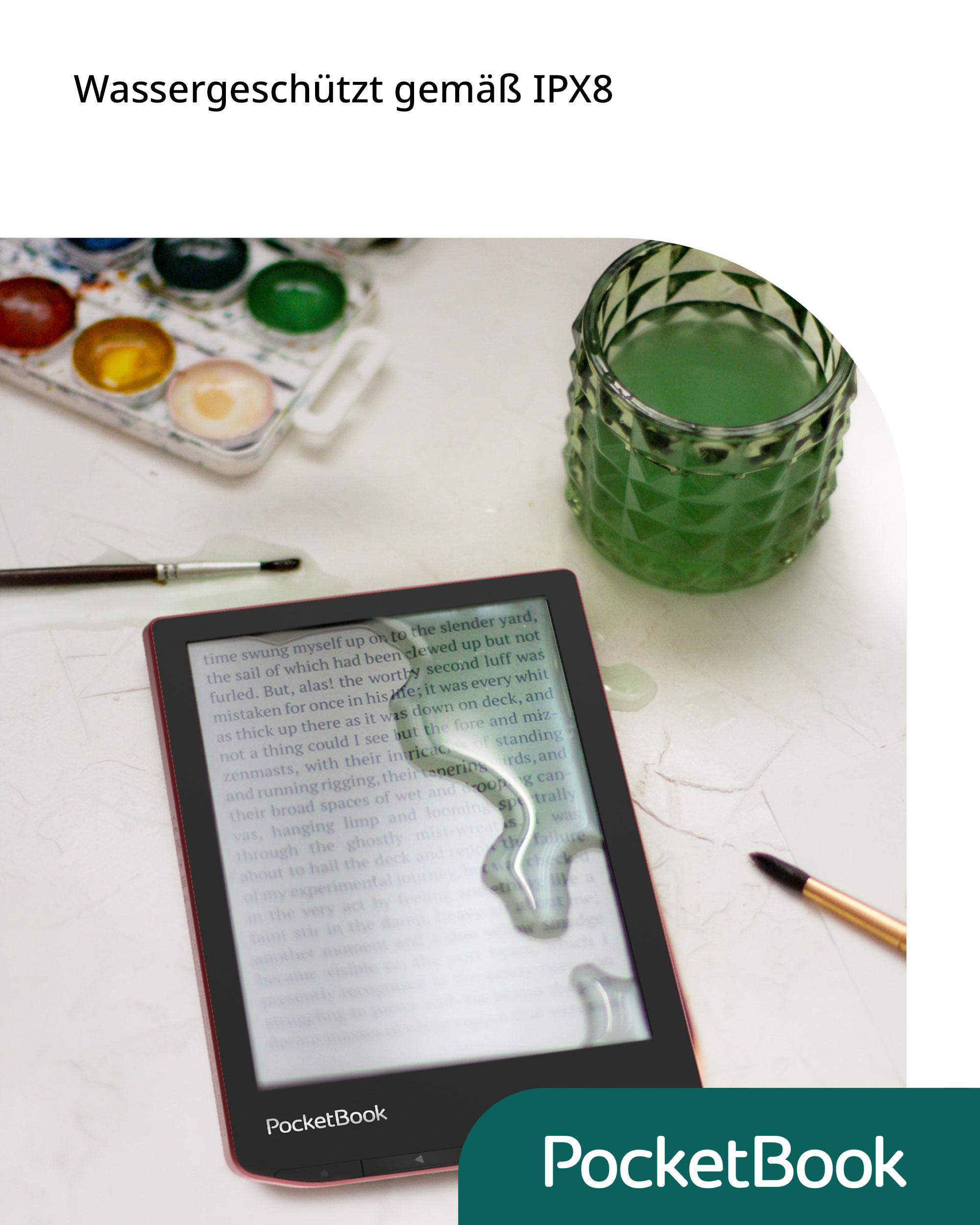 E-Reader mit Wassertropfen auf dem Bildschirm, Aquarellfarben und ein Glas Wasser.