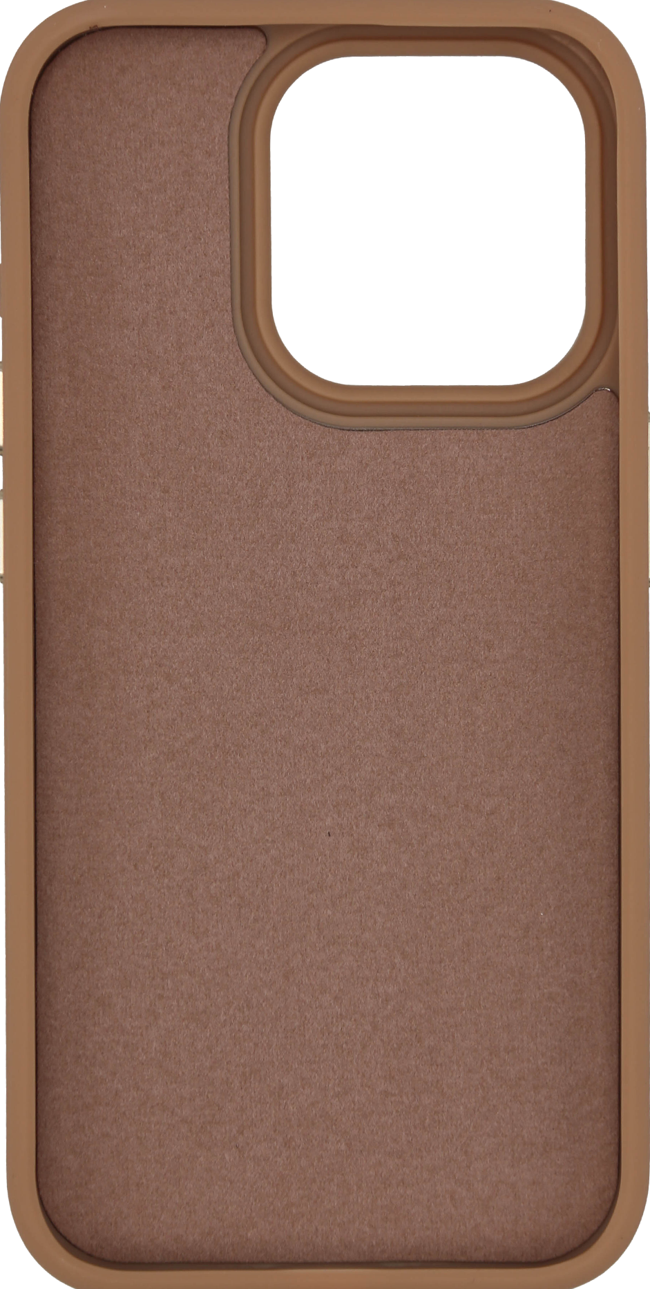 Intérieur d'étui de téléphone. Couleur marron, avec un trou pour la caméra.