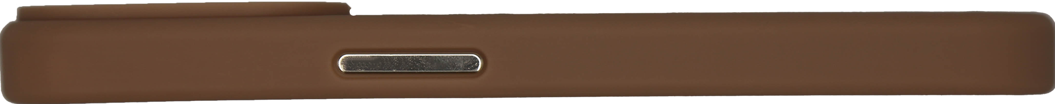 Coque de téléphone marron. Elle a un bouton latéral et une découpe rectangulaire.