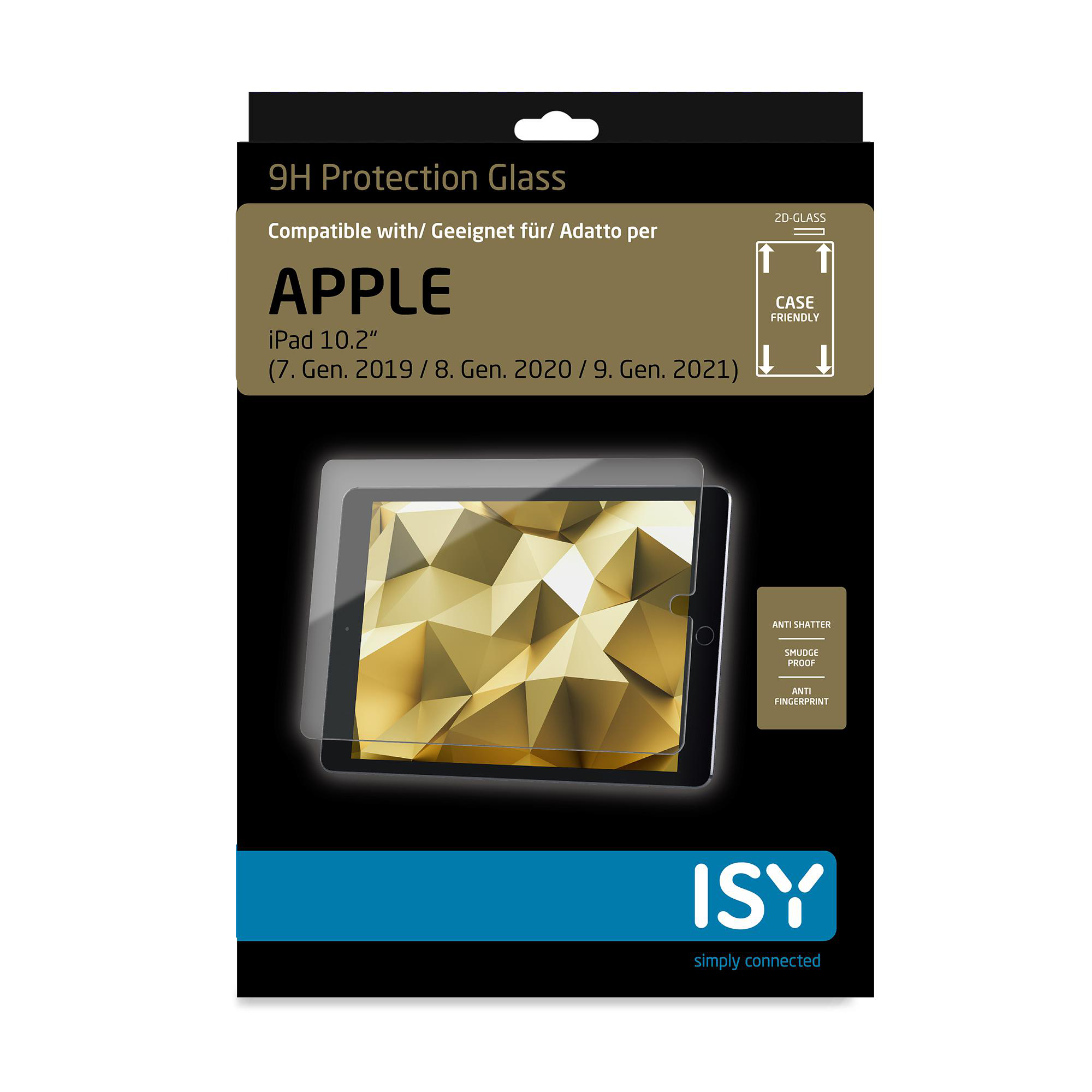 Eine Schutzfolie in der Verpackung. Die Verpackung ist schwarz, die Folie ist für ein iPad.