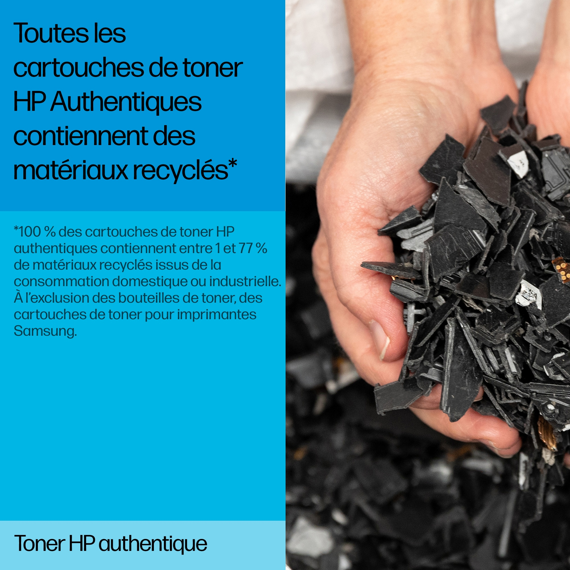 Mani che tengono una pila di cartucce toner nere. Testo sul riciclaggio e sul toner HP.