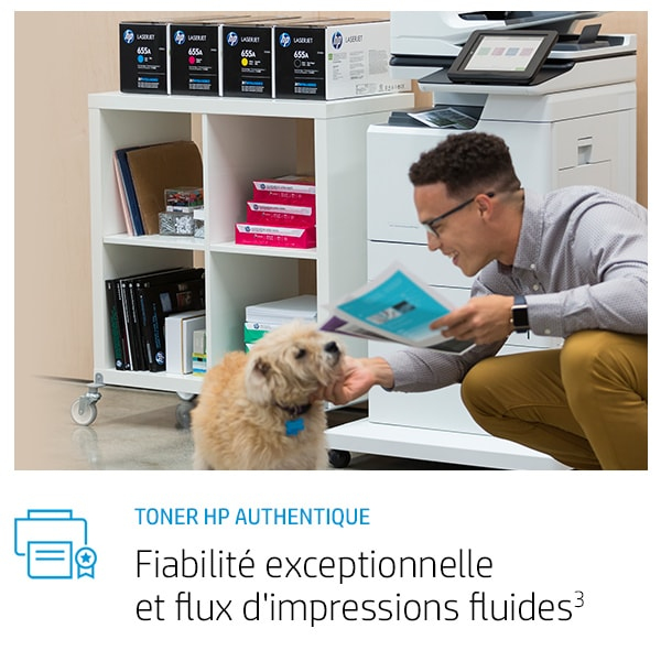 Uomo e cane. Stampante e cartucce toner visibili. Testo: Toner HP autentico.