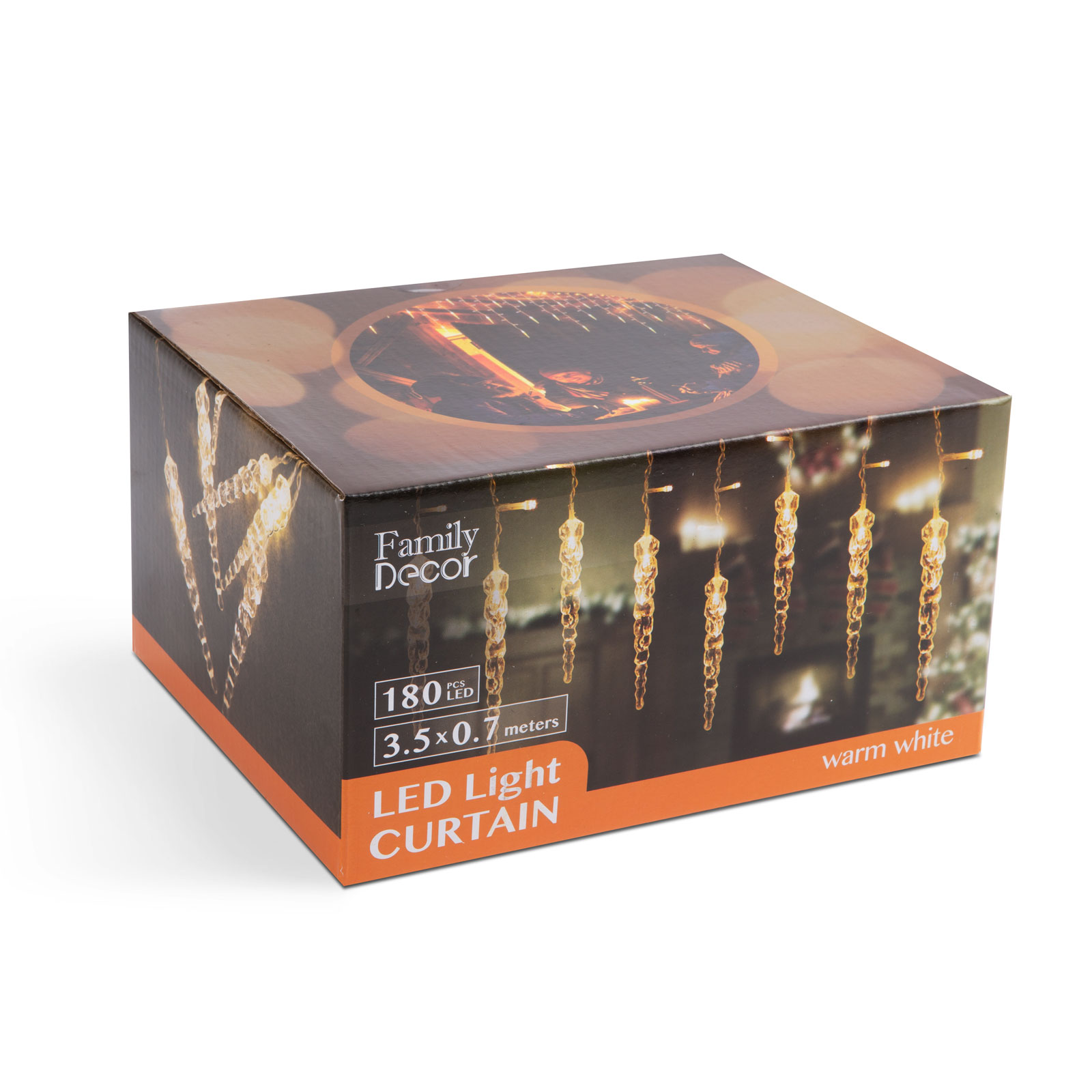 Egy LED-es fényfüggöny doboza, szöveggel és jégcsapfényekkel.