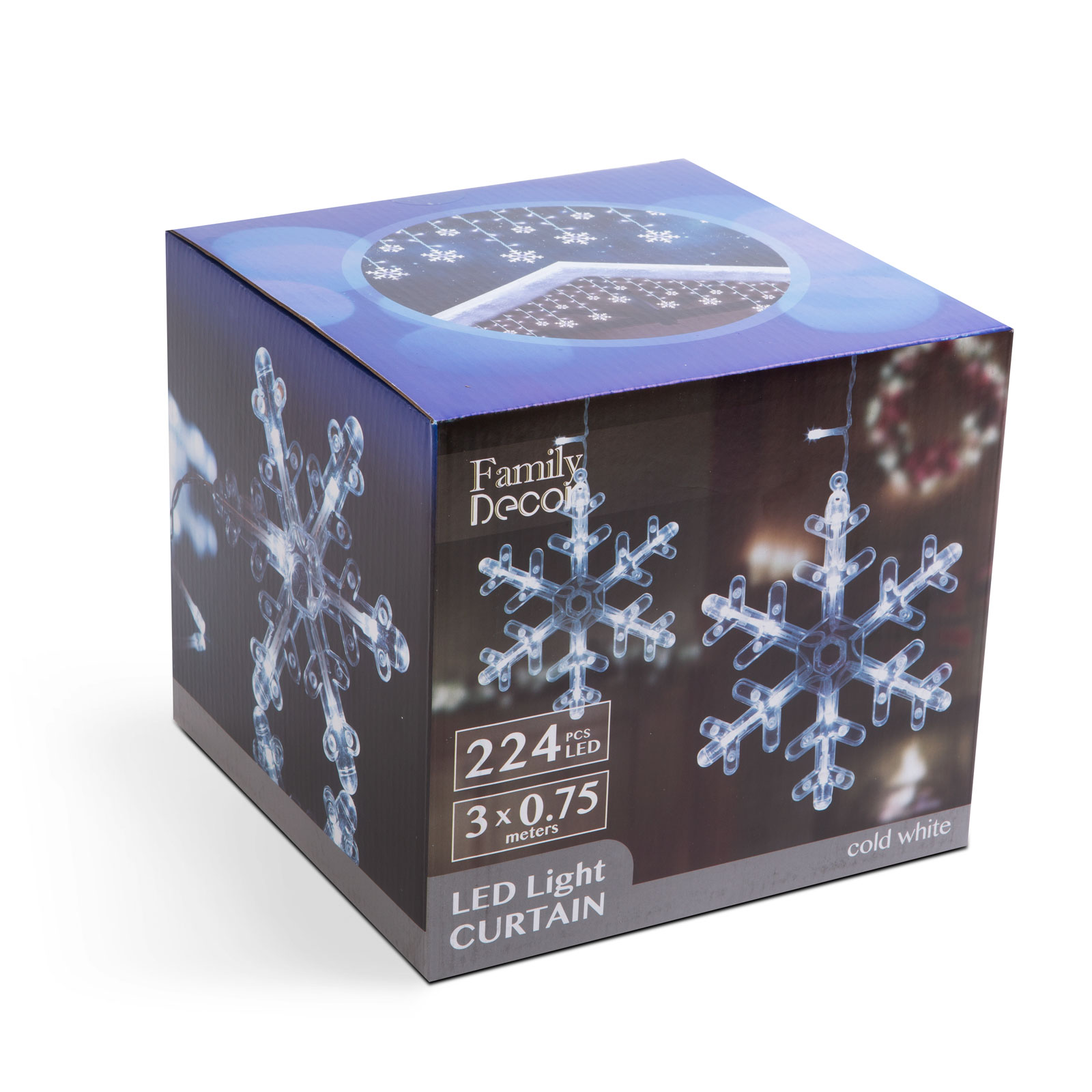 Doboz LED-es fényfüggöny képekkel. Fehér hópelyhek és kék háttér.