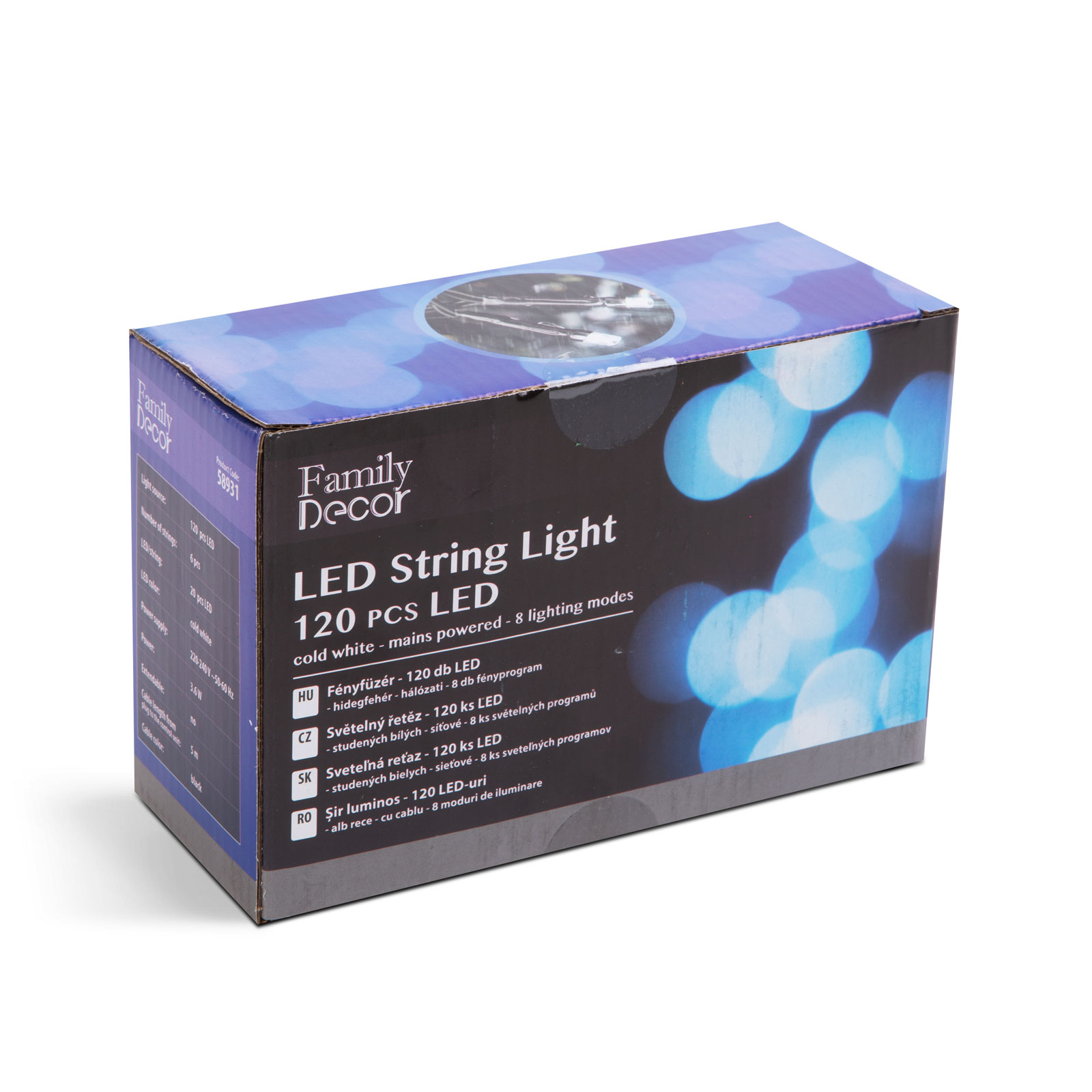 Egy Family Decor LED-es füzérfény doboza szöveggel és képekkel.